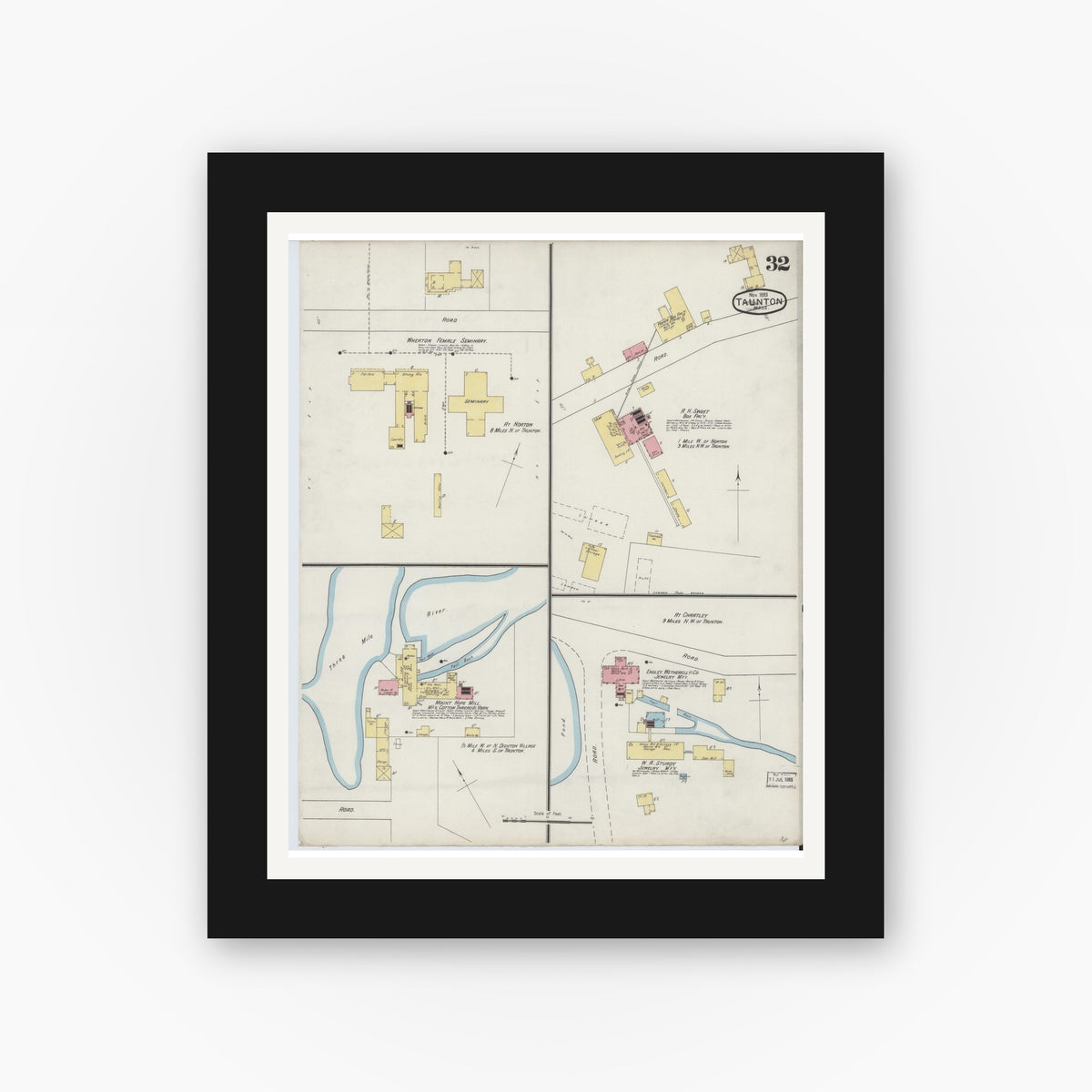 Old map wall art mockup — black gallery frame with white mat — Sanborn Fire Insurance Map from Taunton, Bristol County, Massachusetts (1893), Sheet #0032