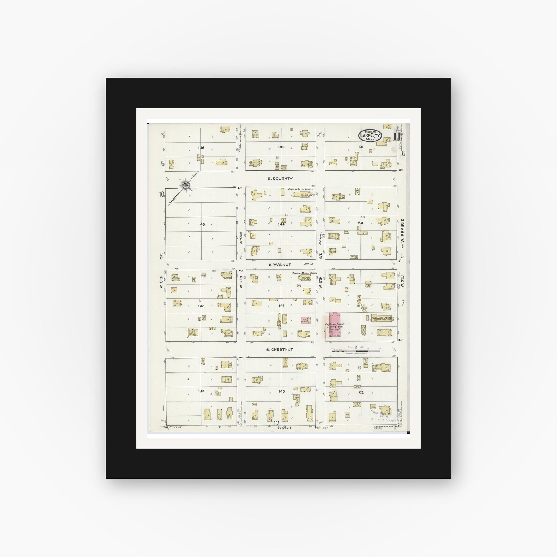 Old map wall art mockup — black gallery frame with white mat — Sanborn Fire Insurance Map from Lake City, Wabasha County, Minnesota (1921), Sheet #0011