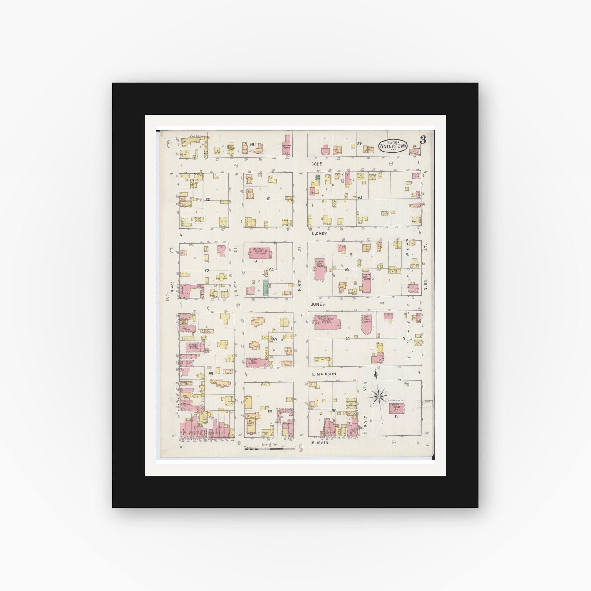 Old map wall art mockup — black gallery frame with white mat — Sanborn Fire Insurance Map from Watertown, Jefferson County, Wisconsin (1895), Sheet #0003