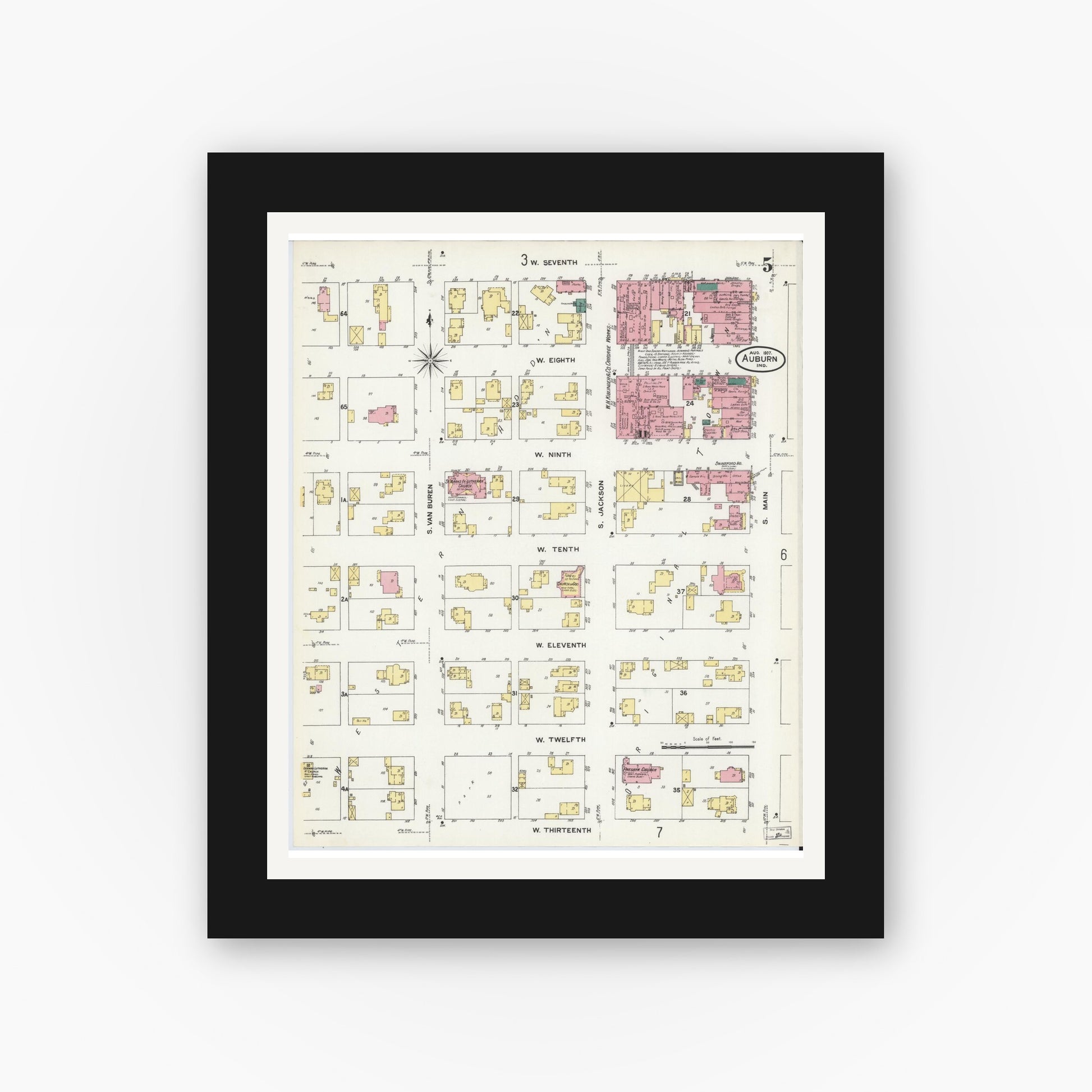 Old map wall art mockup — black gallery frame with white mat — Sanborn Fire Insurance Map from Auburn, De Kalb County, Indiana (1907), Sheet #0005