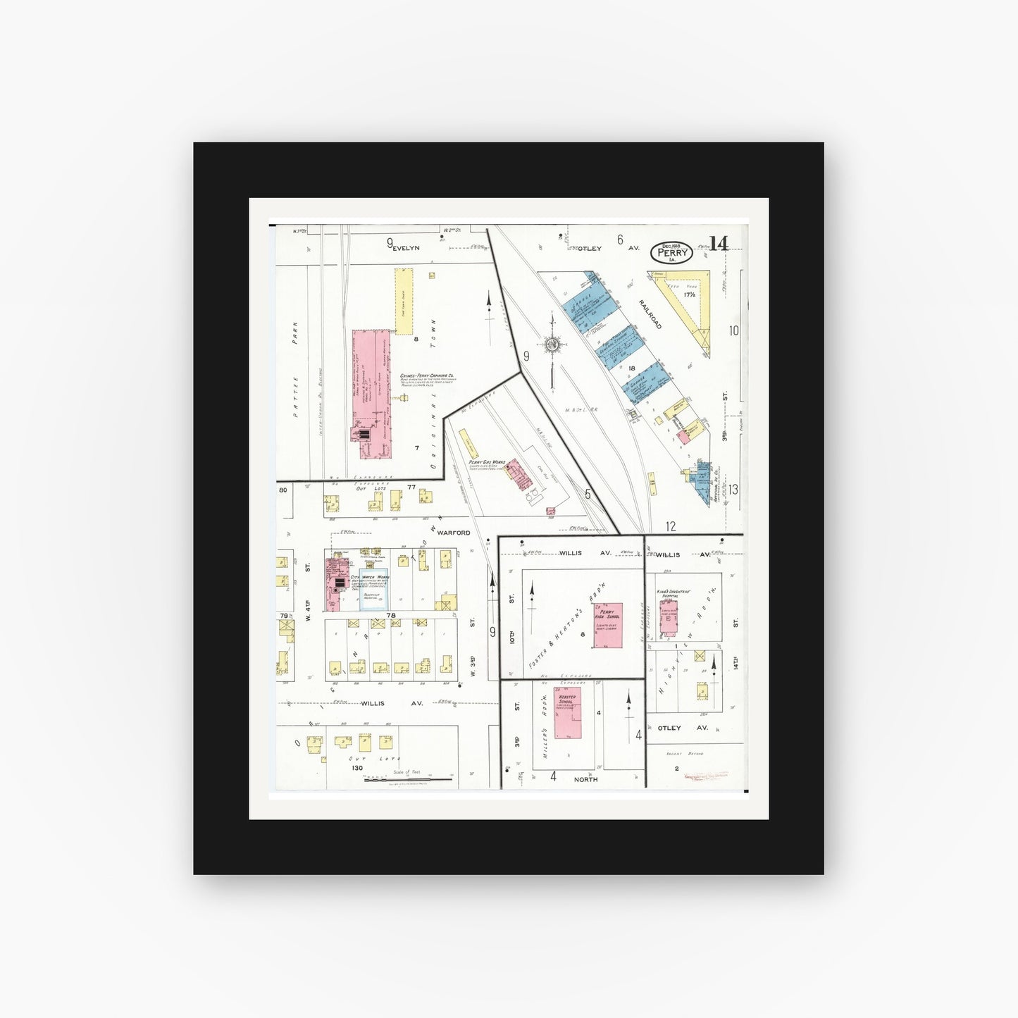 Old map wall art mockup — black gallery frame with white mat — Sanborn Fire Insurance Map from Perry, Dallas County, Iowa (1918), Sheet #0014