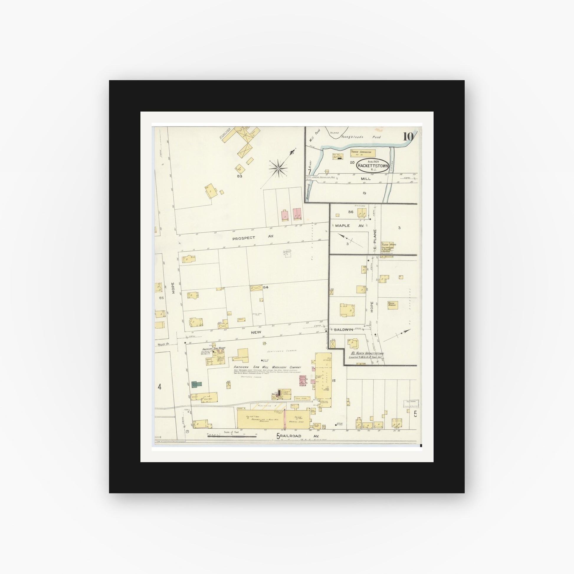 Old map wall art mockup — black gallery frame with white mat — Sanborn Fire Insurance Map from Hackettstown, Warren County, New Jersey (1909), Sheet #0010