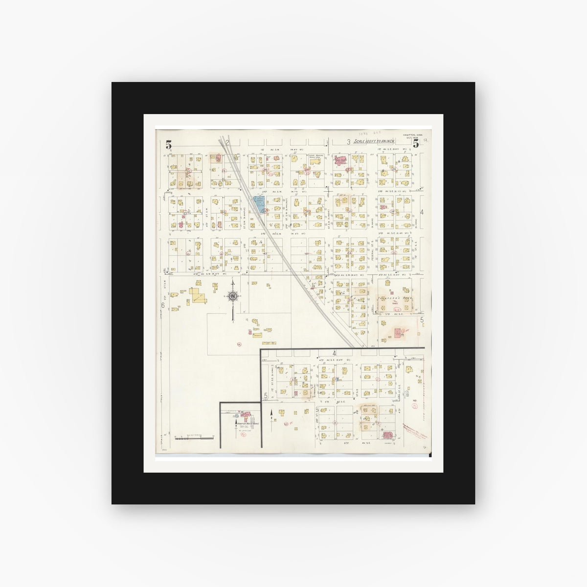 Old map wall art mockup — black gallery frame with white mat — Sanborn Fire Insurance Map from Hampton, Franklin County, Iowa (1944), Sheet #0005