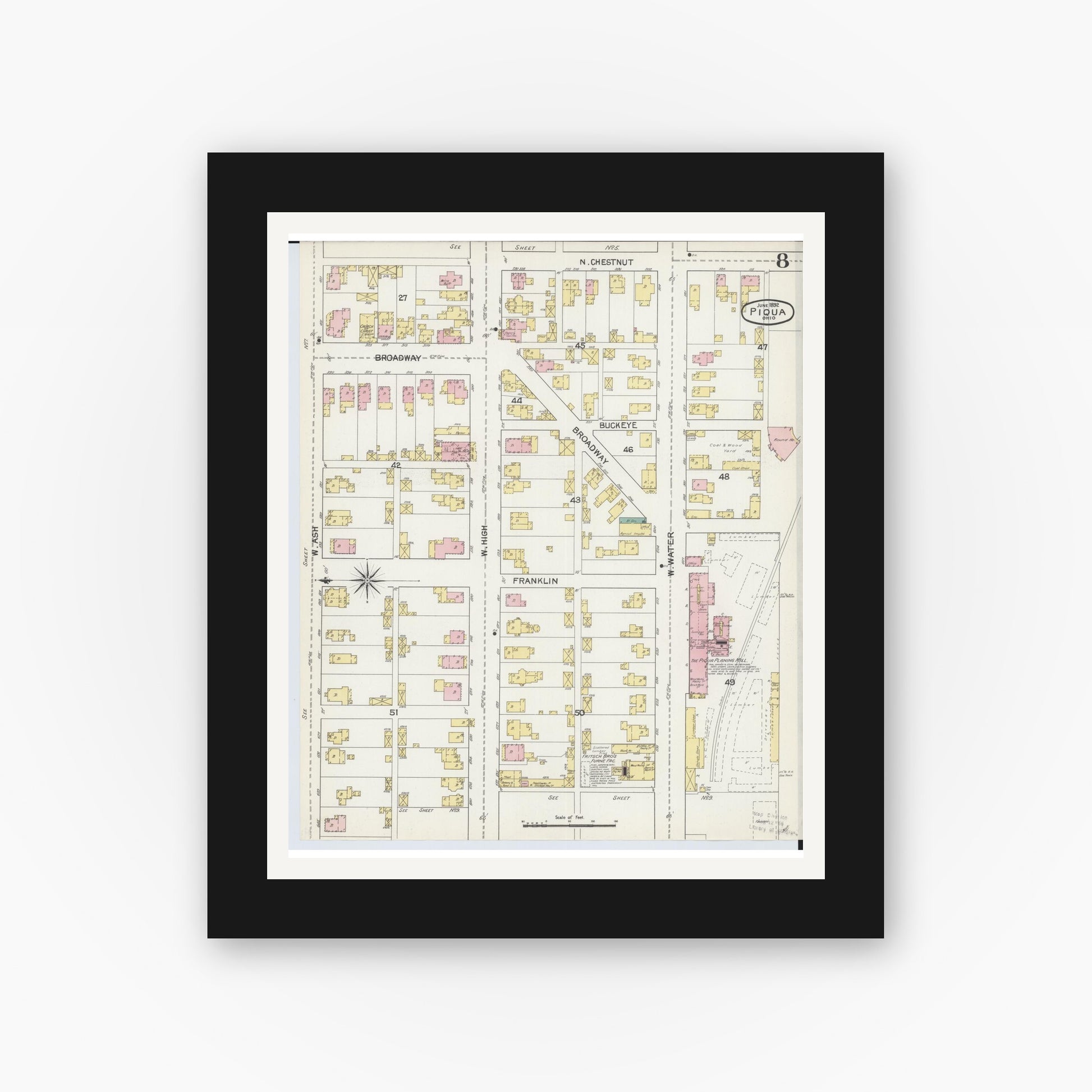 Old map wall art mockup — black gallery frame with white mat — Sanborn Fire Insurance Map from Piqua, Miami County, Ohio (1892), Sheet #0008