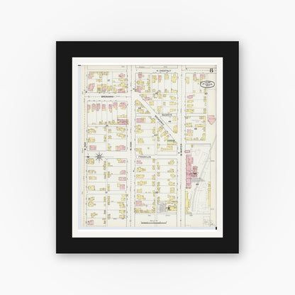 Old map wall art mockup — black gallery frame with white mat — Sanborn Fire Insurance Map from Piqua, Miami County, Ohio (1892), Sheet #0008