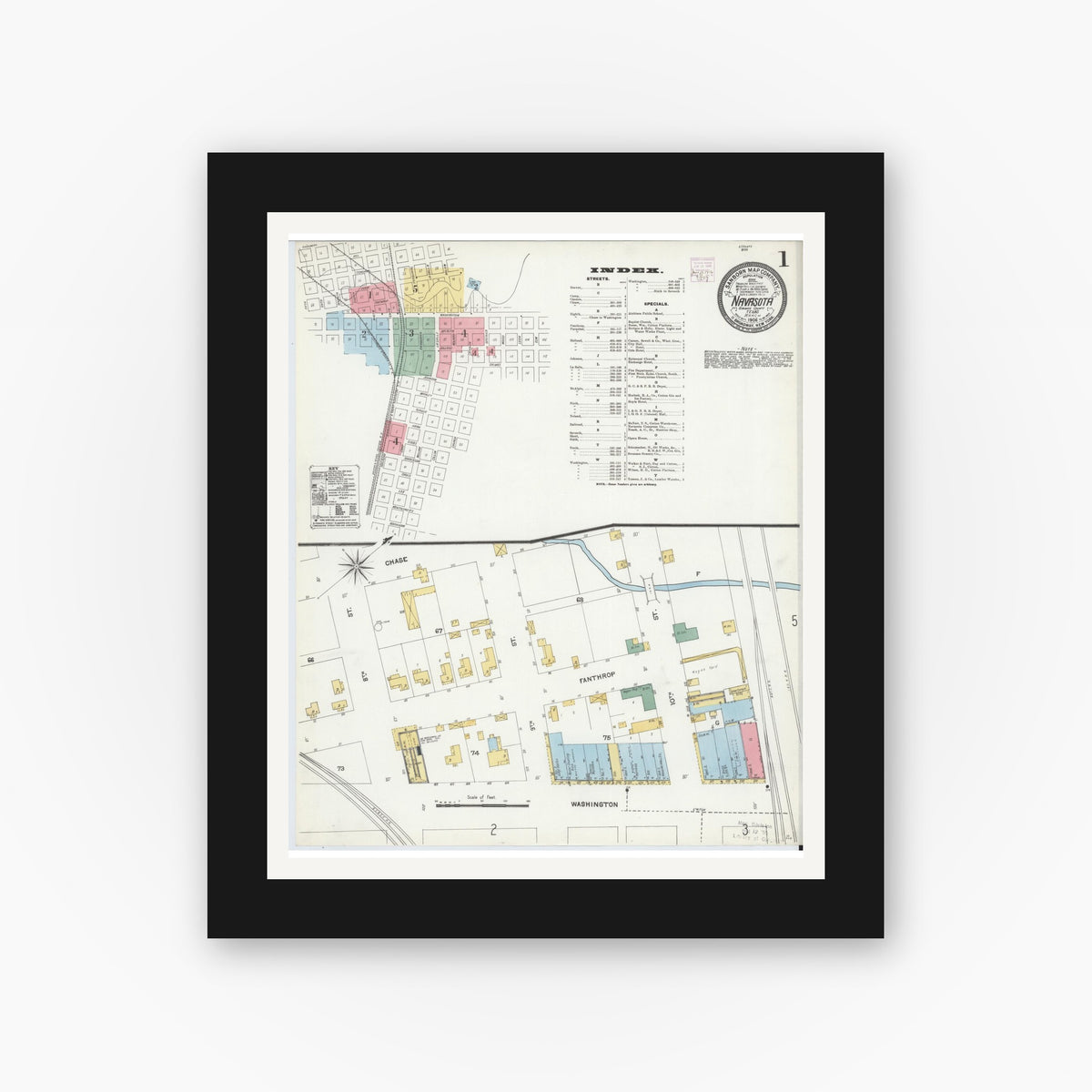 Old map wall art mockup — black gallery frame with white mat — Sanborn Fire Insurance Map from Navasota, Grimes County, Texas (1906) - Complete Map Set