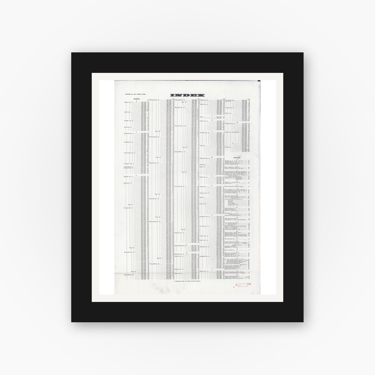 Old map wall art mockup — black gallery frame with white mat — Sanborn Fire Insurance Map from Chicago, Cook County, Illinois (1920), Sheet #0001