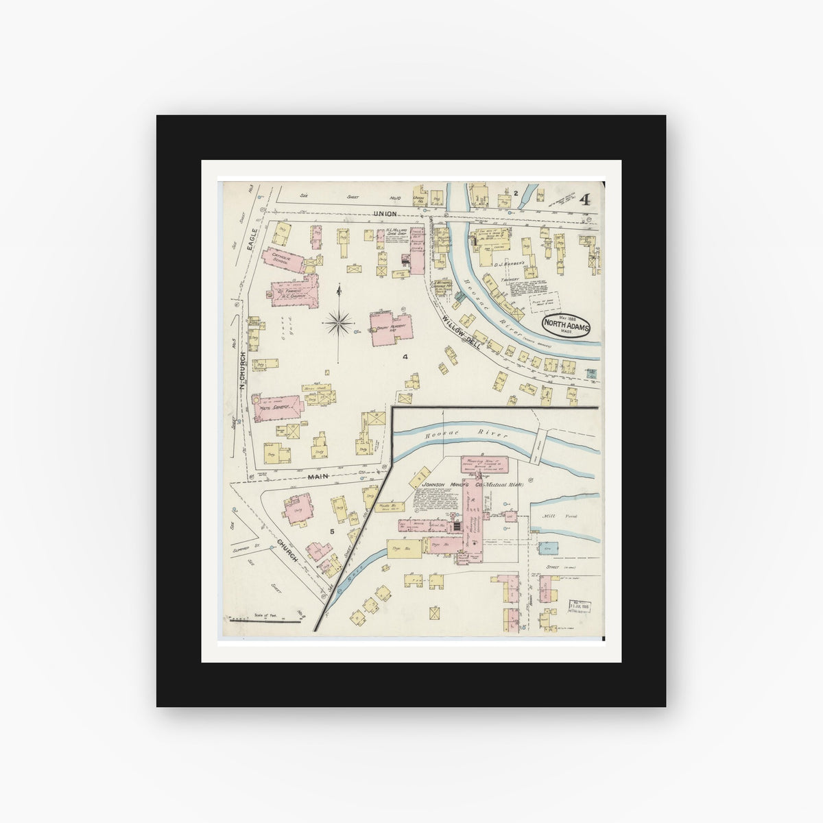 Old map wall art mockup — black gallery frame with white mat — Sanborn Fire Insurance Map from North Adams, Berkshire County, Massachusetts (1888), Sheet #0004