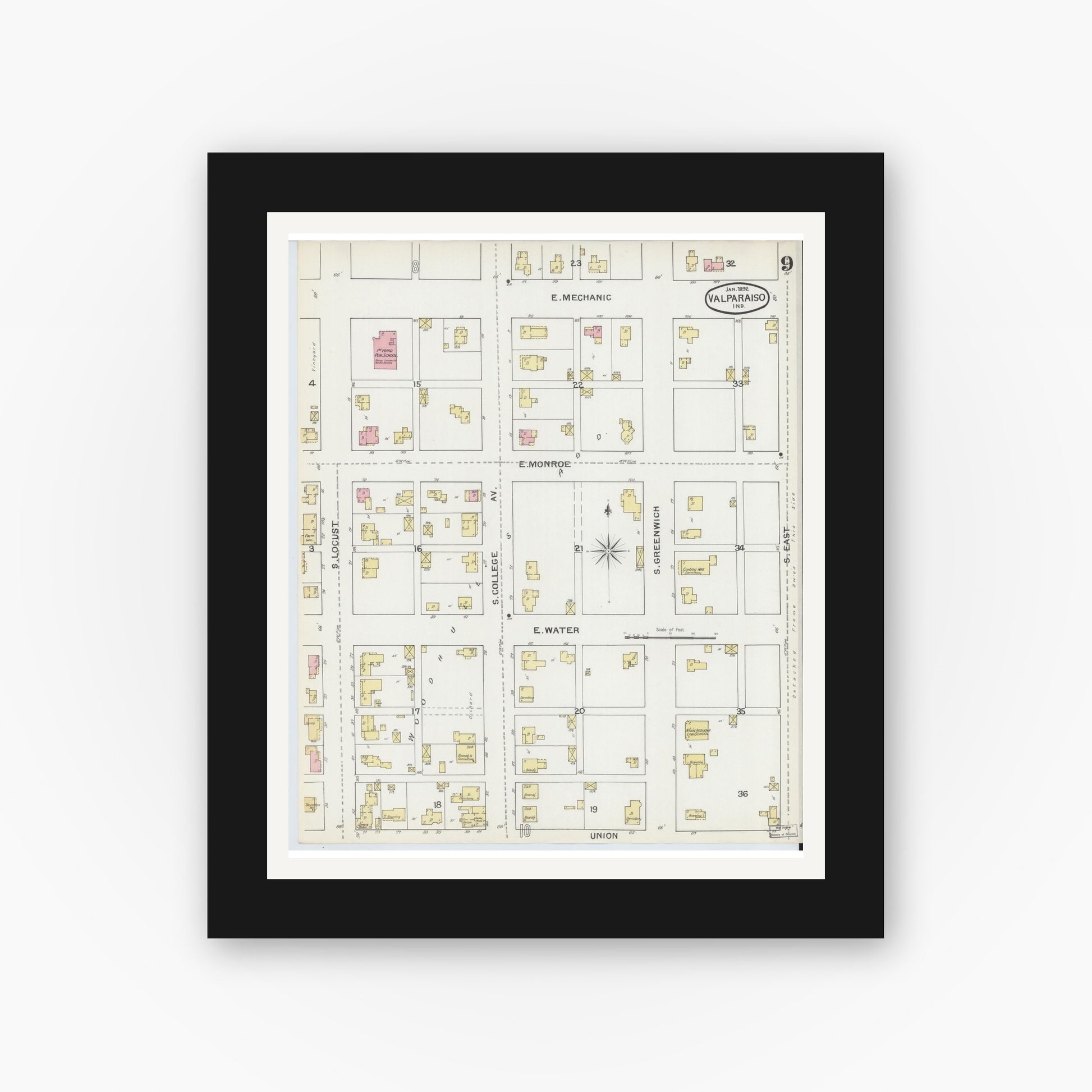 Old map wall art mockup — black gallery frame with white mat — Sanborn Fire Insurance Map from Valparaiso, Porter County, Indiana (1892), Sheet #0009