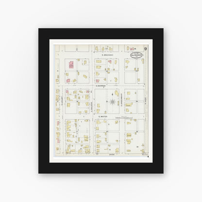 Old map wall art mockup — black gallery frame with white mat — Sanborn Fire Insurance Map from Valparaiso, Porter County, Indiana (1892), Sheet #0009