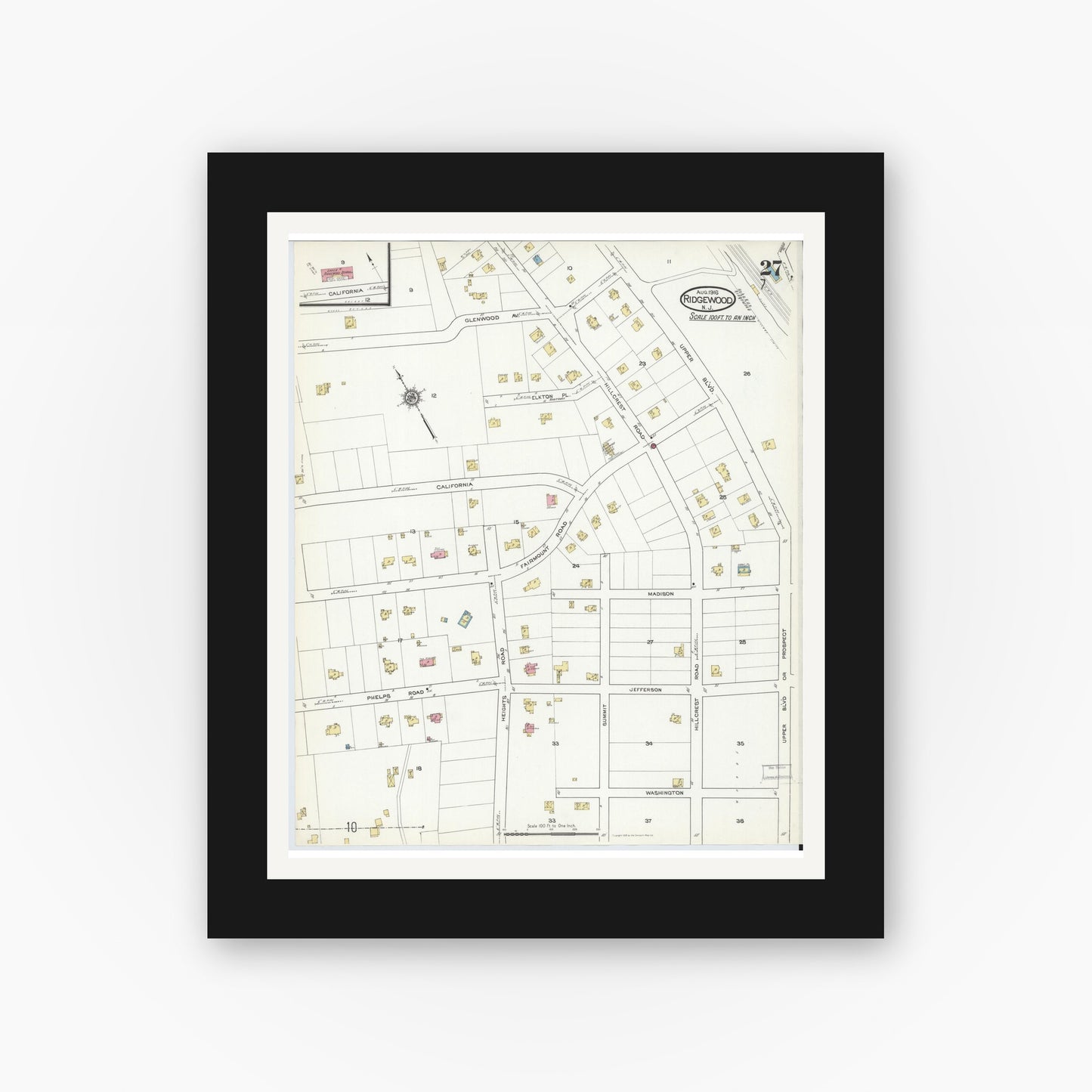 Old map wall art mockup — black gallery frame with white mat — Sanborn Fire Insurance Map from Ridgewood, Bergen County, New Jersey (1916), Sheet #0027