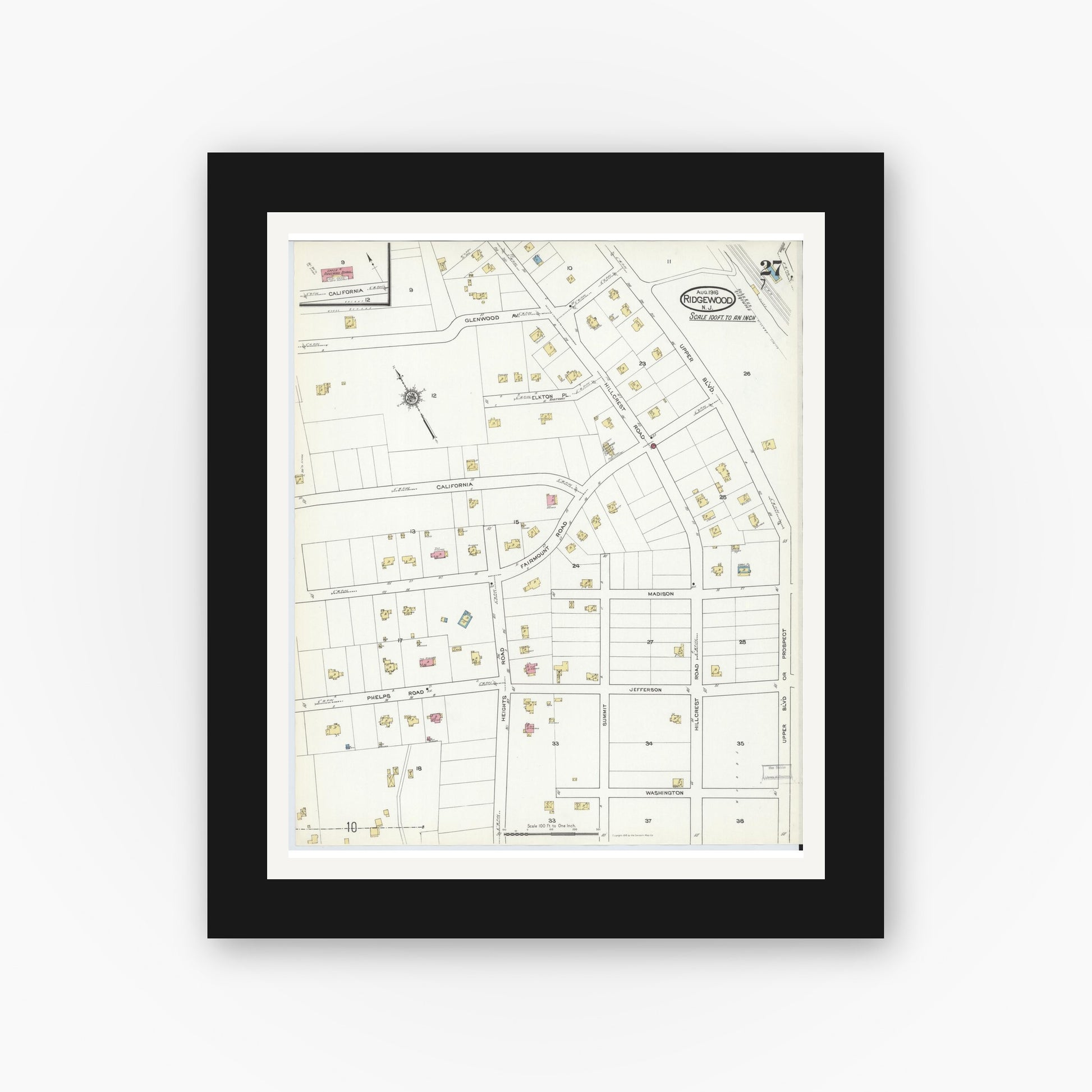 Old map wall art mockup — black gallery frame with white mat — Sanborn Fire Insurance Map from Ridgewood, Bergen County, New Jersey (1916), Sheet #0027