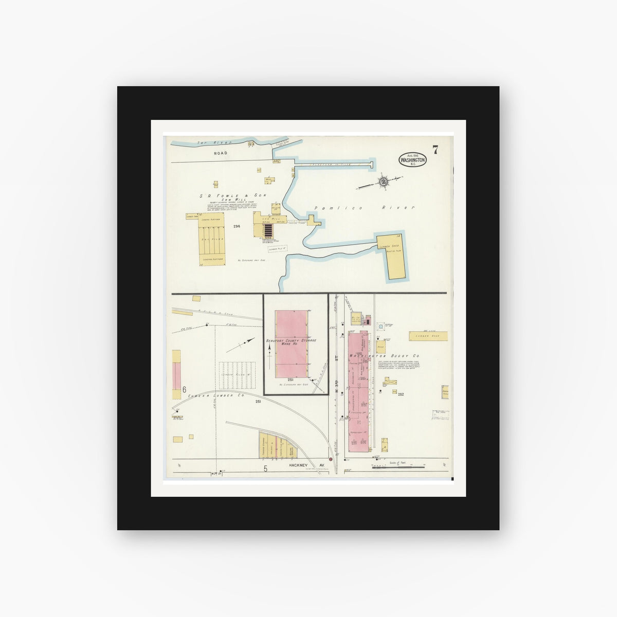 Old map wall art mockup — black gallery frame with white mat — Sanborn Fire Insurance Map from Washington, Beaufort County, North Carolina (1916), Sheet #0007