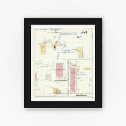 Old map wall art mockup — black gallery frame with white mat — Sanborn Fire Insurance Map from Washington, Beaufort County, North Carolina (1916), Sheet #0007