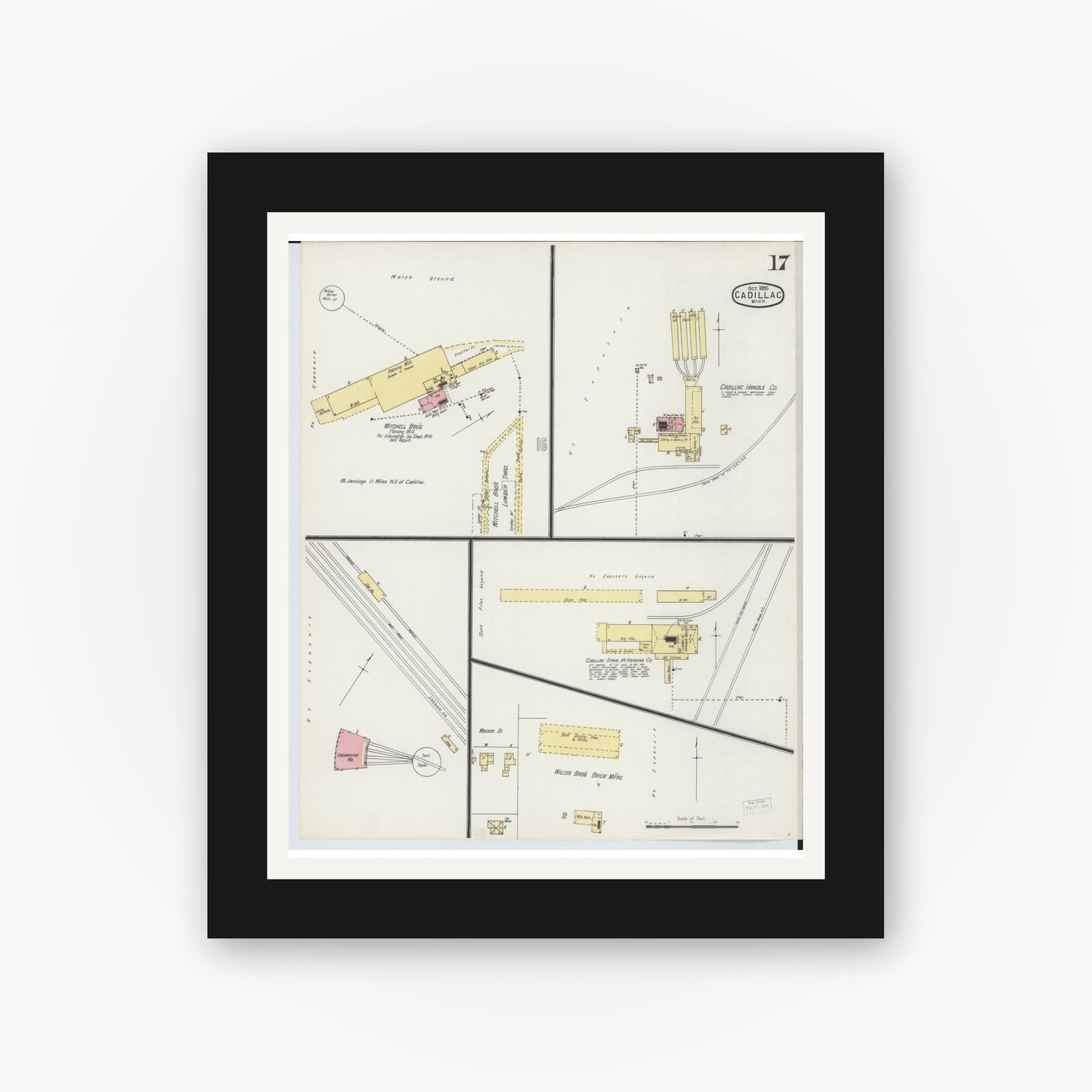 Old map wall art mockup — black gallery frame with white mat — Sanborn Fire Insurance Map from Cadillac, Wexford County, Michigan (1895), Sheet #0017