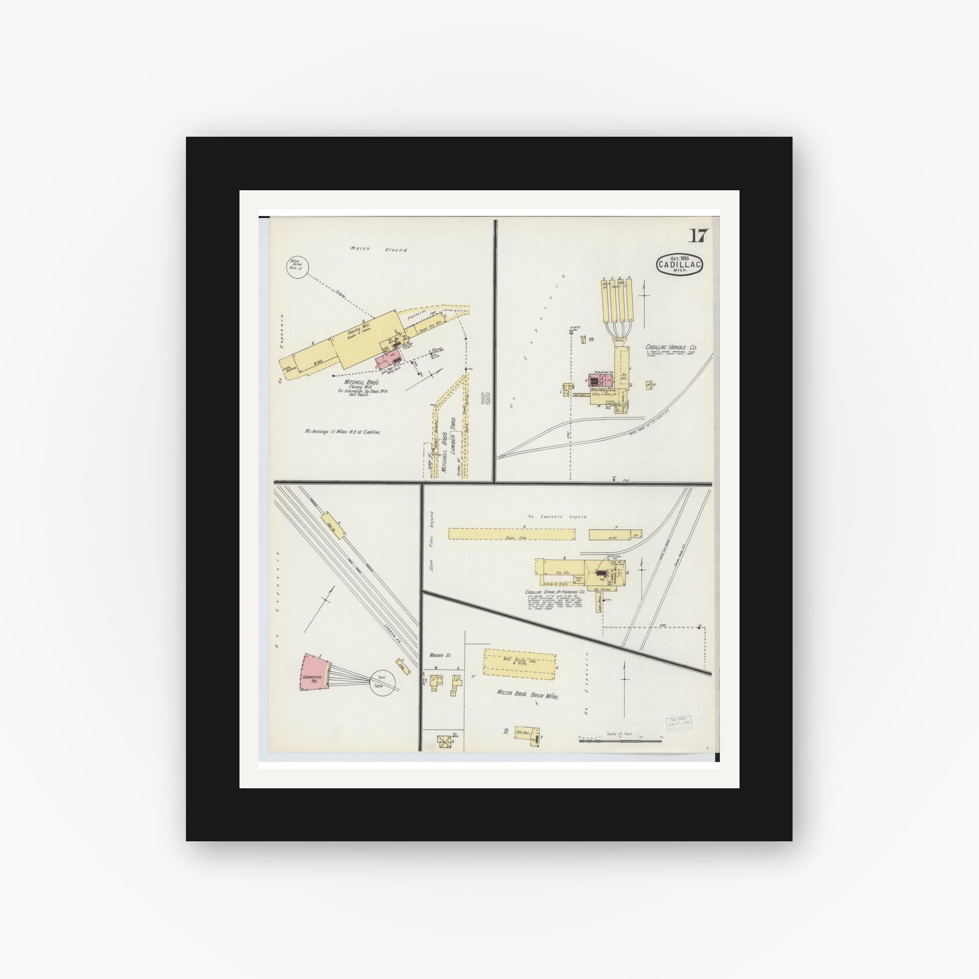 Old map wall art mockup — black gallery frame with white mat — Sanborn Fire Insurance Map from Cadillac, Wexford County, Michigan (1895), Sheet #0017