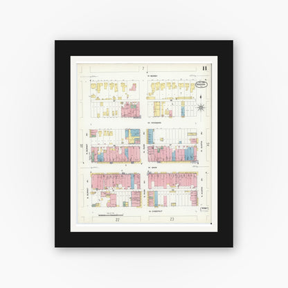 Old map wall art mockup — black gallery frame with white mat — Sanborn Fire Insurance Map from Denison, Grayson County, Texas (1908), Sheet #0011