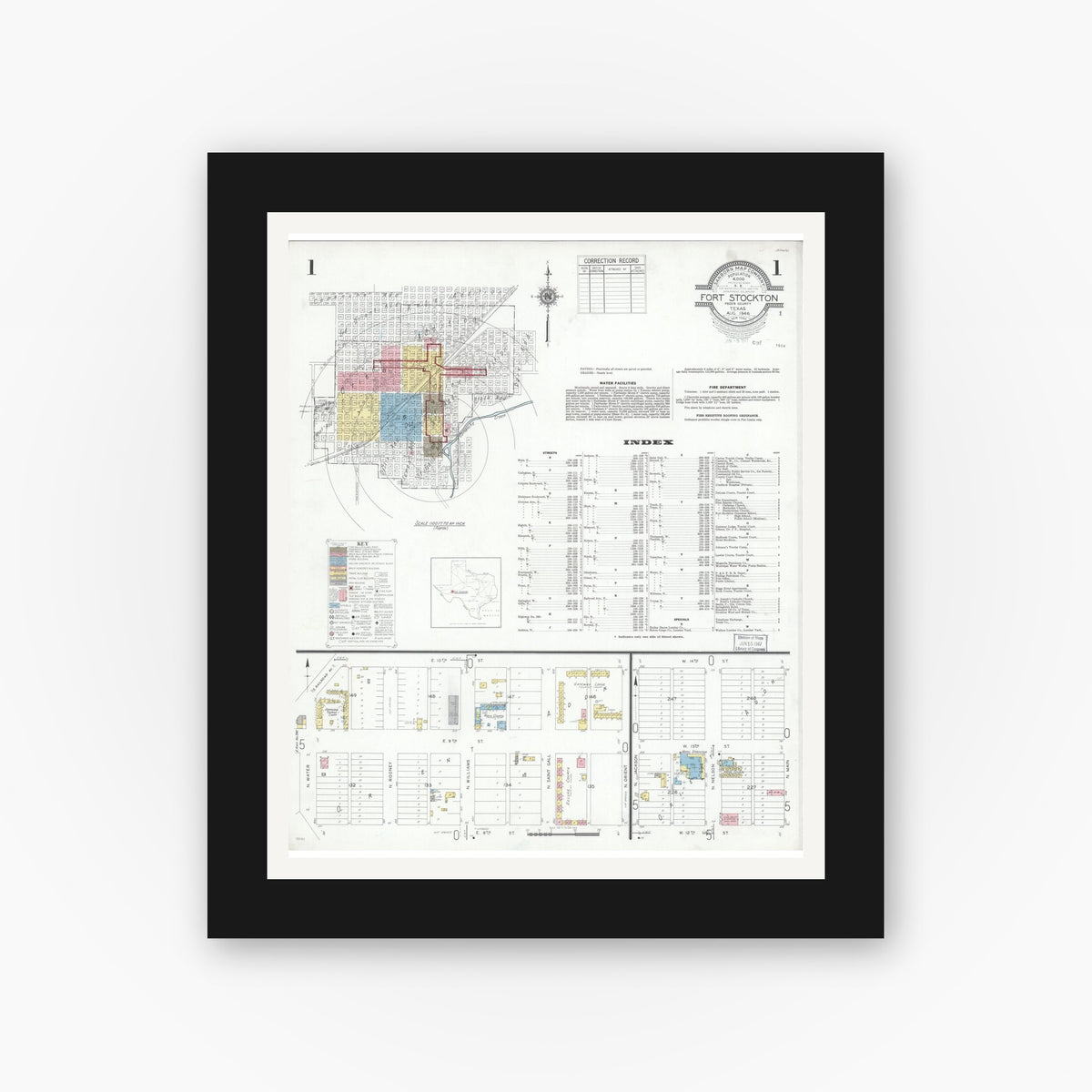 Old map wall art mockup — black gallery frame with white mat — Sanborn Fire Insurance Map from Fort Stockton, Pecos County, Texas (1946), Sheet #0001