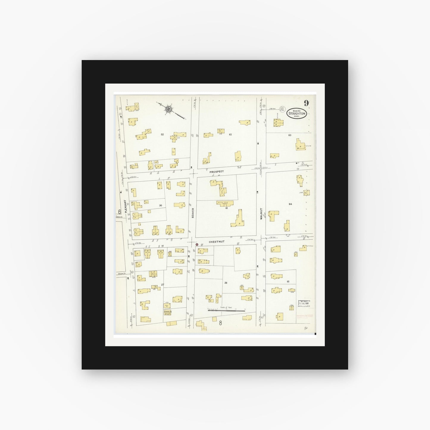 Old map wall art mockup — black gallery frame with white mat — Sanborn Fire Insurance Map from Stoughton, Norfolk County, Massachusetts (1912), Sheet #0009