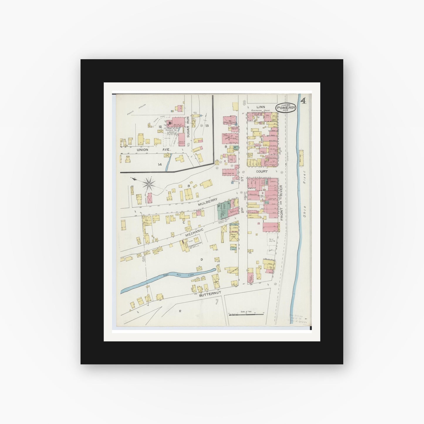 Old map wall art mockup — black gallery frame with white mat — Sanborn Fire Insurance Map from Pomeroy, Meigs County, Ohio (1893), Sheet #0004