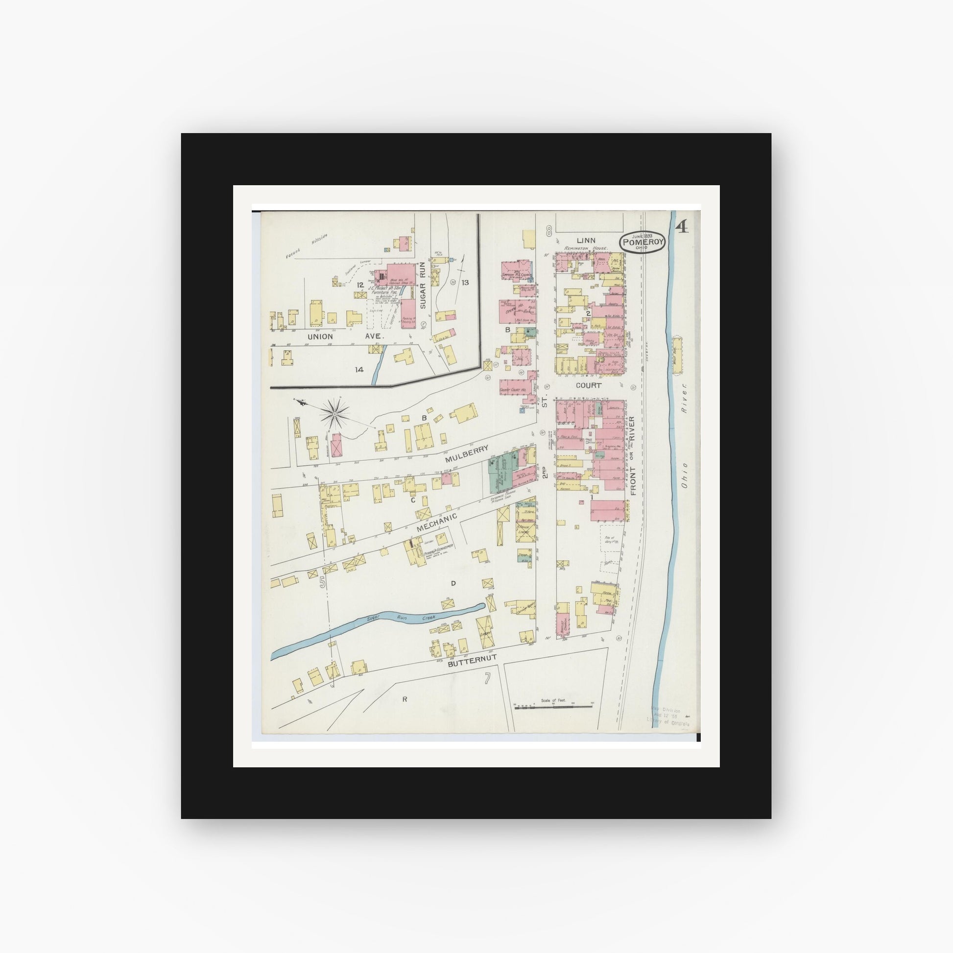 Old map wall art mockup — black gallery frame with white mat — Sanborn Fire Insurance Map from Pomeroy, Meigs County, Ohio (1893), Sheet #0004