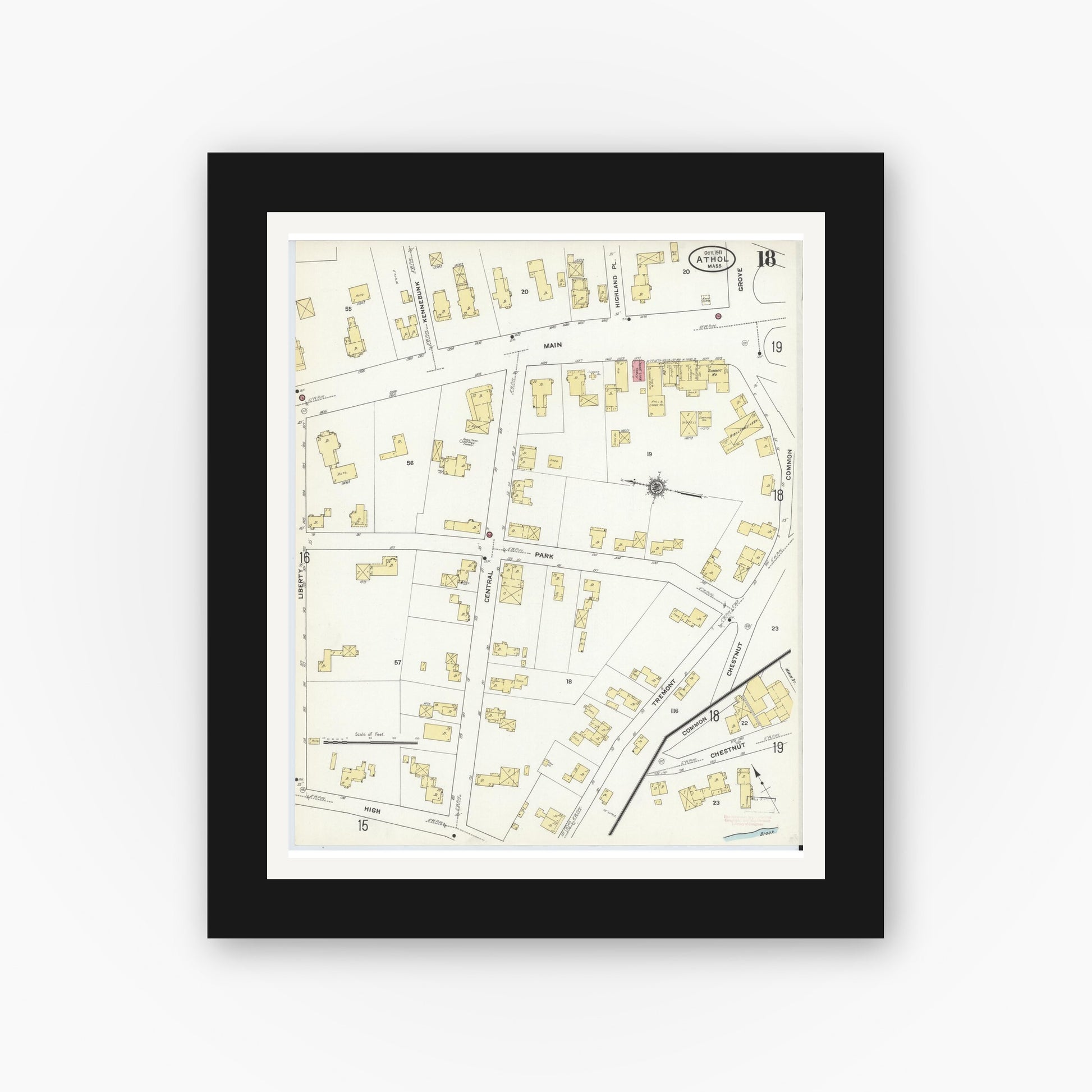 Old map wall art mockup — black gallery frame with white mat — Sanborn Fire Insurance Map from Athol, Worcester County, Massachusetts (1911), Sheet #0018