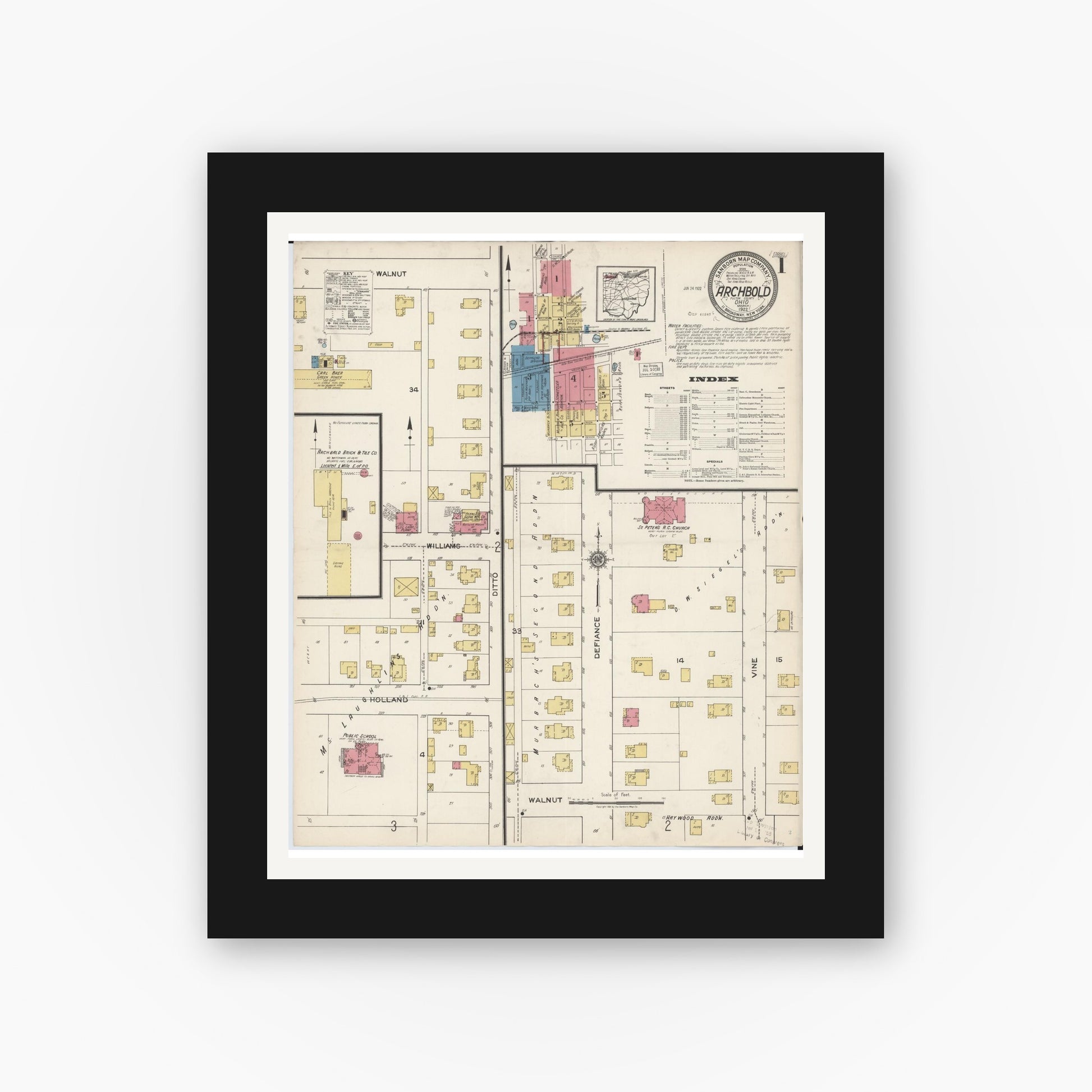 Old map wall art mockup — black gallery frame with white mat — Sanborn Fire Insurance Map from Archbold, Fulton County, Ohio (1922), Sheet #0001