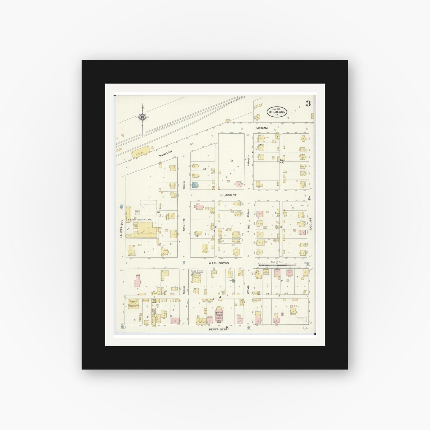 Old map wall art mockup — black gallery frame with white mat — Sanborn Fire Insurance Map from Highland, Madison County, Illinois (1908), Sheet #0003