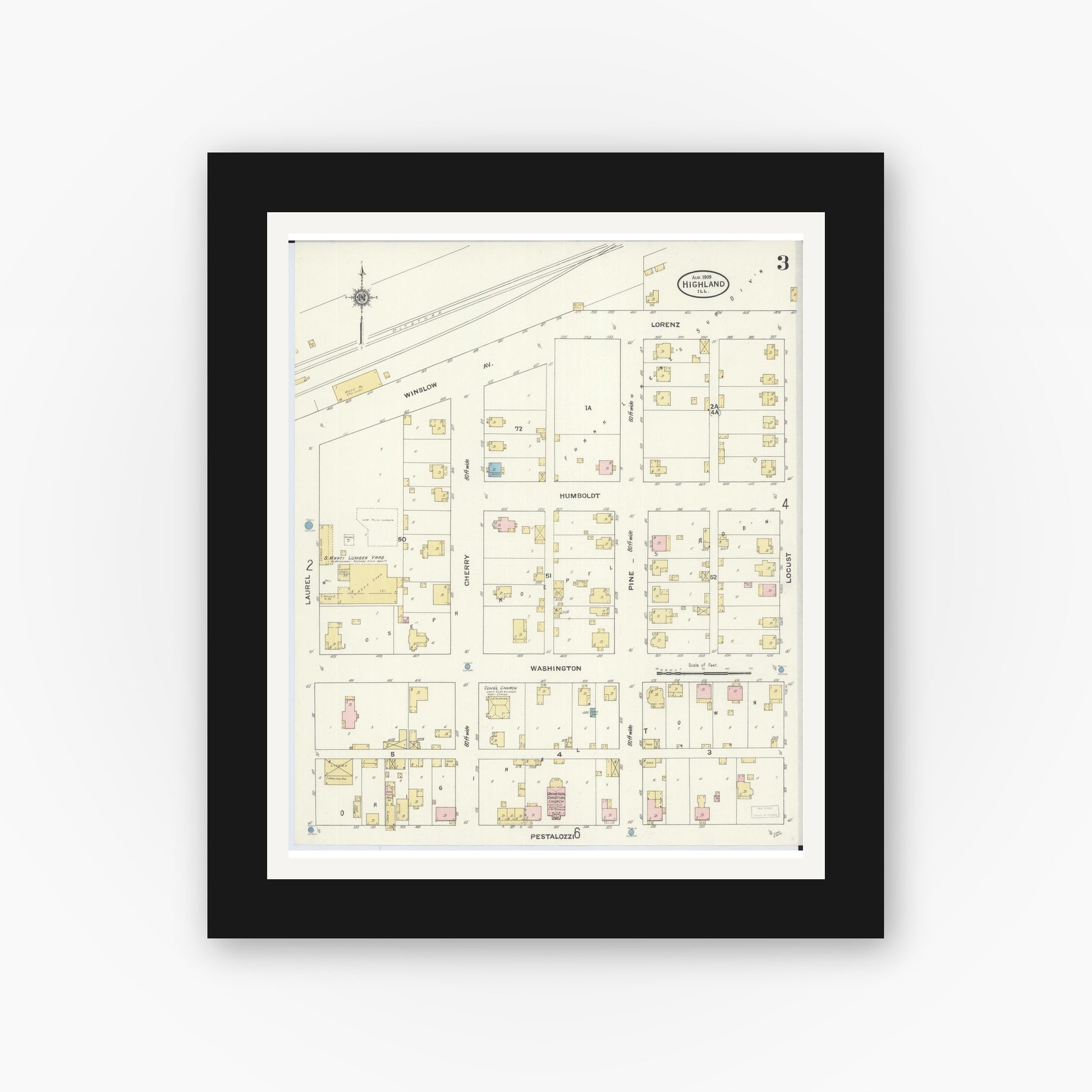 Old map wall art mockup — black gallery frame with white mat — Sanborn Fire Insurance Map from Highland, Madison County, Illinois (1908), Sheet #0003