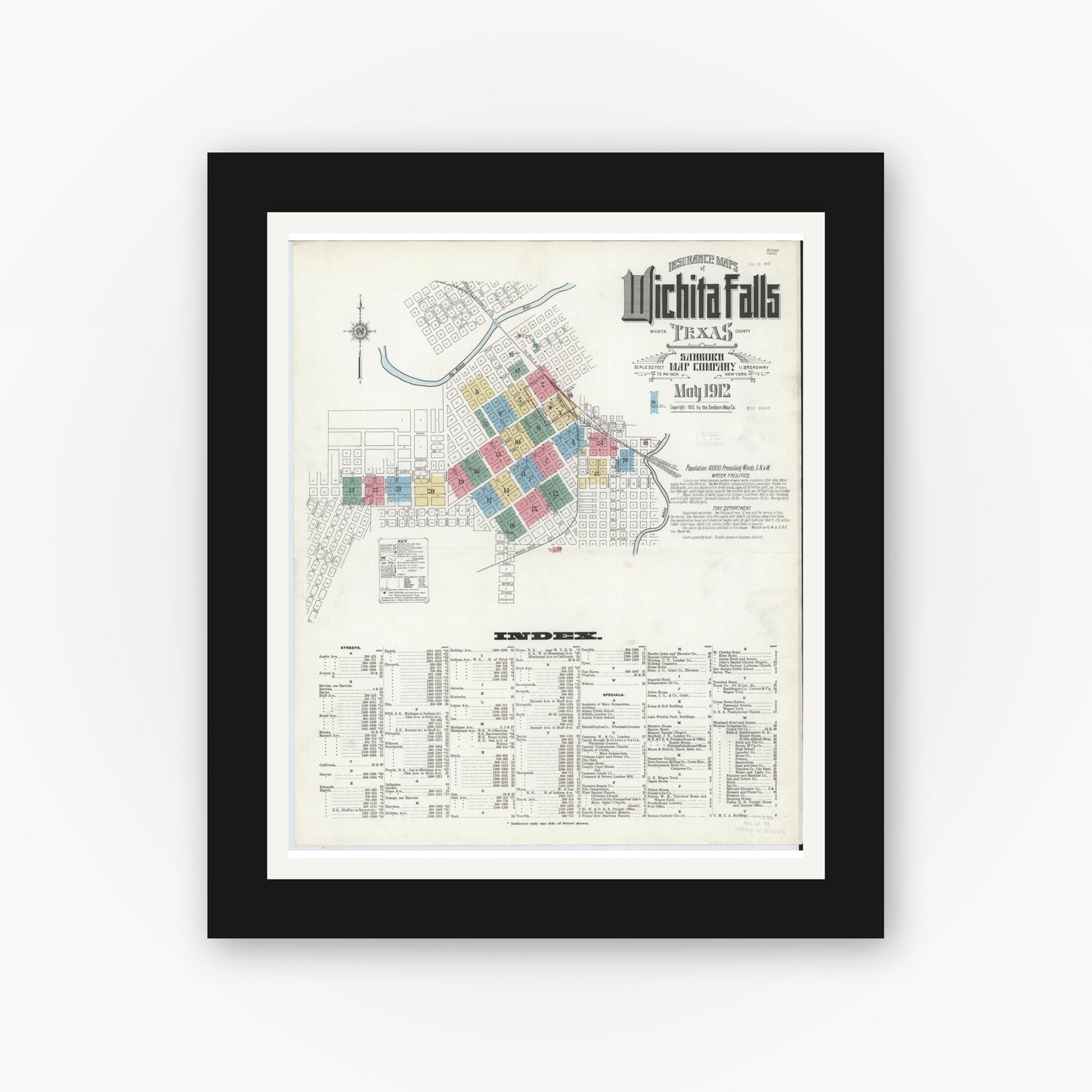 Old map wall art mockup — black gallery frame with white mat — Sanborn Fire Insurance Map from Wichita Falls, Wichita County, Texas (1912) - Complete Map Set