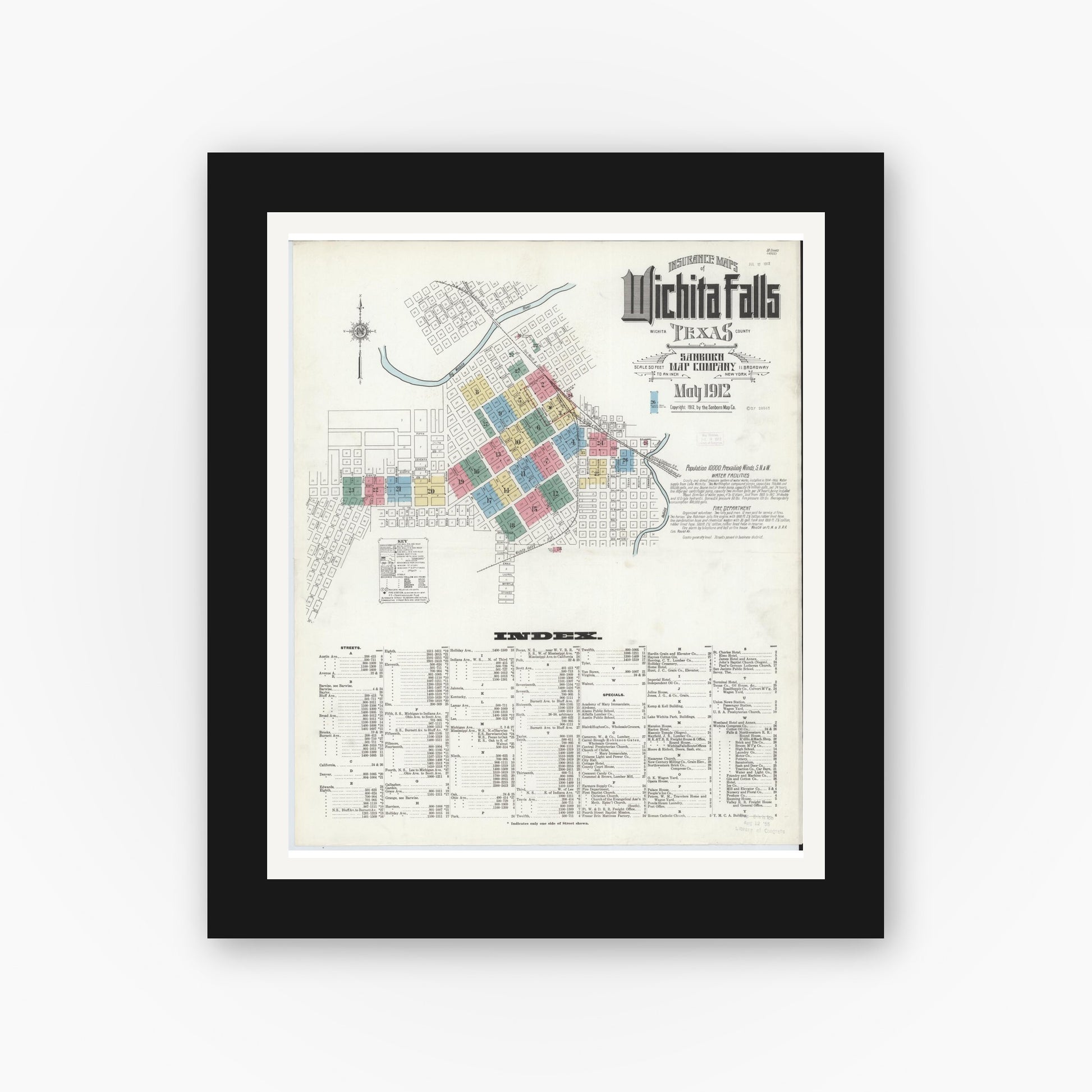 Old map wall art mockup — black gallery frame with white mat — Sanborn Fire Insurance Map from Wichita Falls, Wichita County, Texas (1912) - Complete Map Set