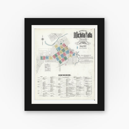 Old map wall art mockup — black gallery frame with white mat — Sanborn Fire Insurance Map from Wichita Falls, Wichita County, Texas (1912) - Complete Map Set