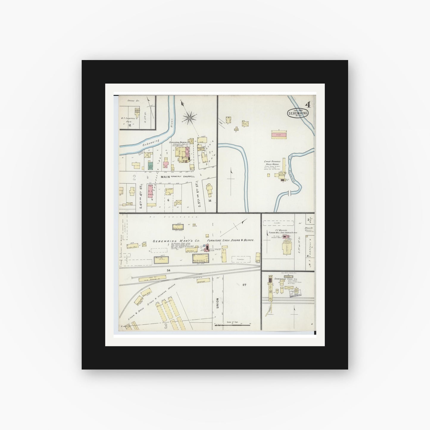 Old map wall art mockup — black gallery frame with white mat — Sanborn Fire Insurance Map from Sebewaing, Huron County, Michigan (1895), Sheet #0004