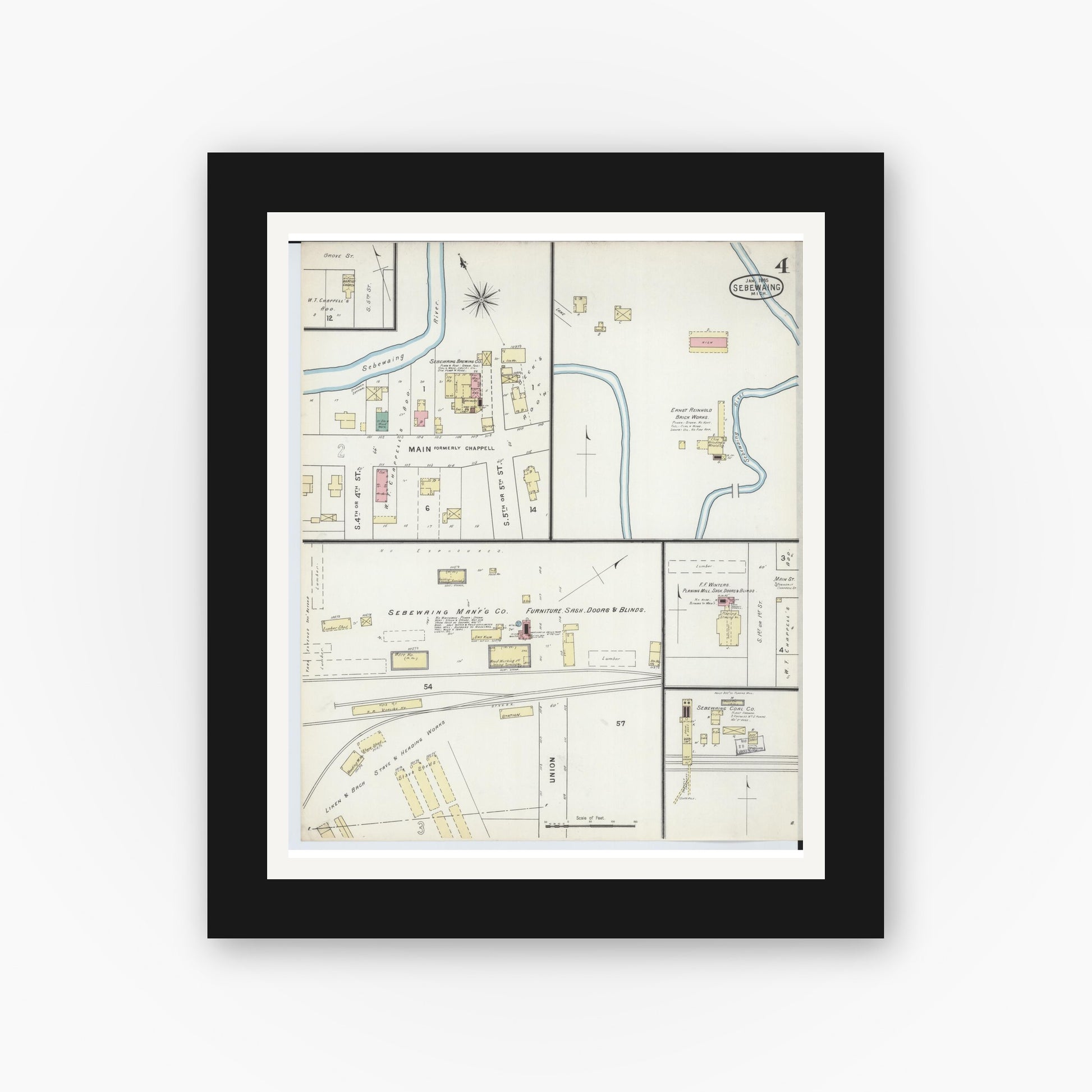 Old map wall art mockup — black gallery frame with white mat — Sanborn Fire Insurance Map from Sebewaing, Huron County, Michigan (1895), Sheet #0004