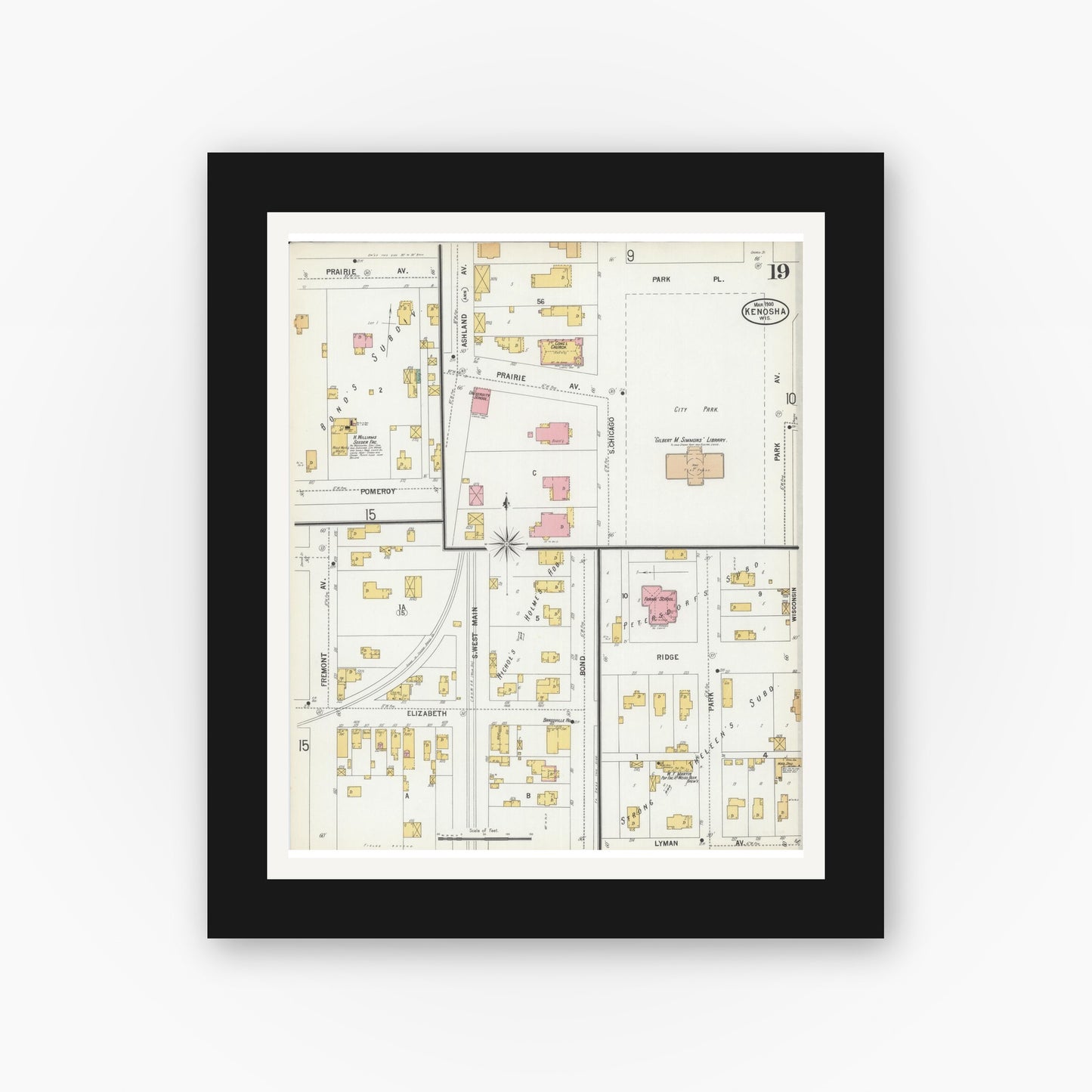 Old map wall art mockup — black gallery frame with white mat — Sanborn Fire Insurance Map from Kenosha, Kenosha County, Wisconsin (1900), Sheet #0019