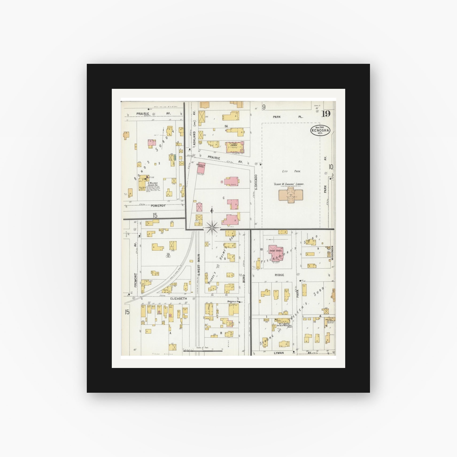 Old map wall art mockup — black gallery frame with white mat — Sanborn Fire Insurance Map from Kenosha, Kenosha County, Wisconsin (1900), Sheet #0019