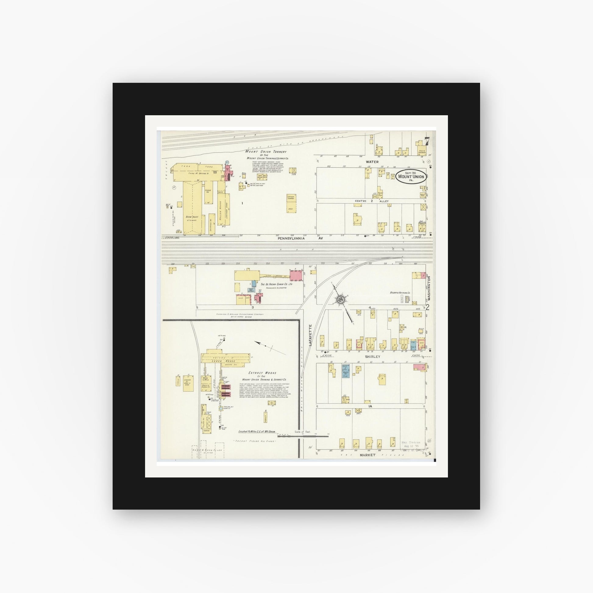 Old map wall art mockup — black gallery frame with white mat — Sanborn Fire Insurance Map from Mount Union, Huntingdon County, Pennsylvania (1911), Sheet #0007
