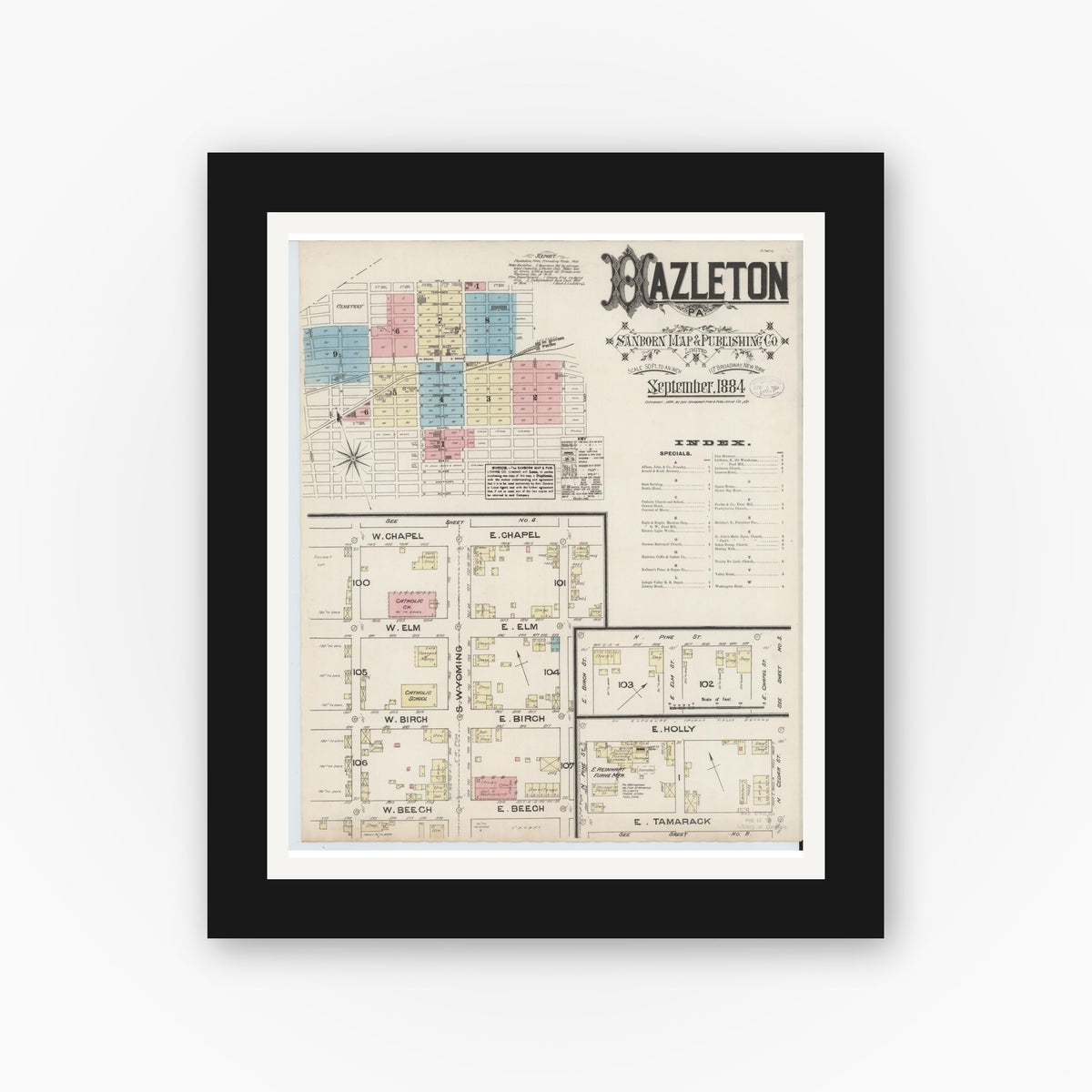 Old map wall art mockup — black gallery frame with white mat — Sanborn Fire Insurance Map from Hazleton, Luzerne County, Pennsylvania (1884), Sheet #0001