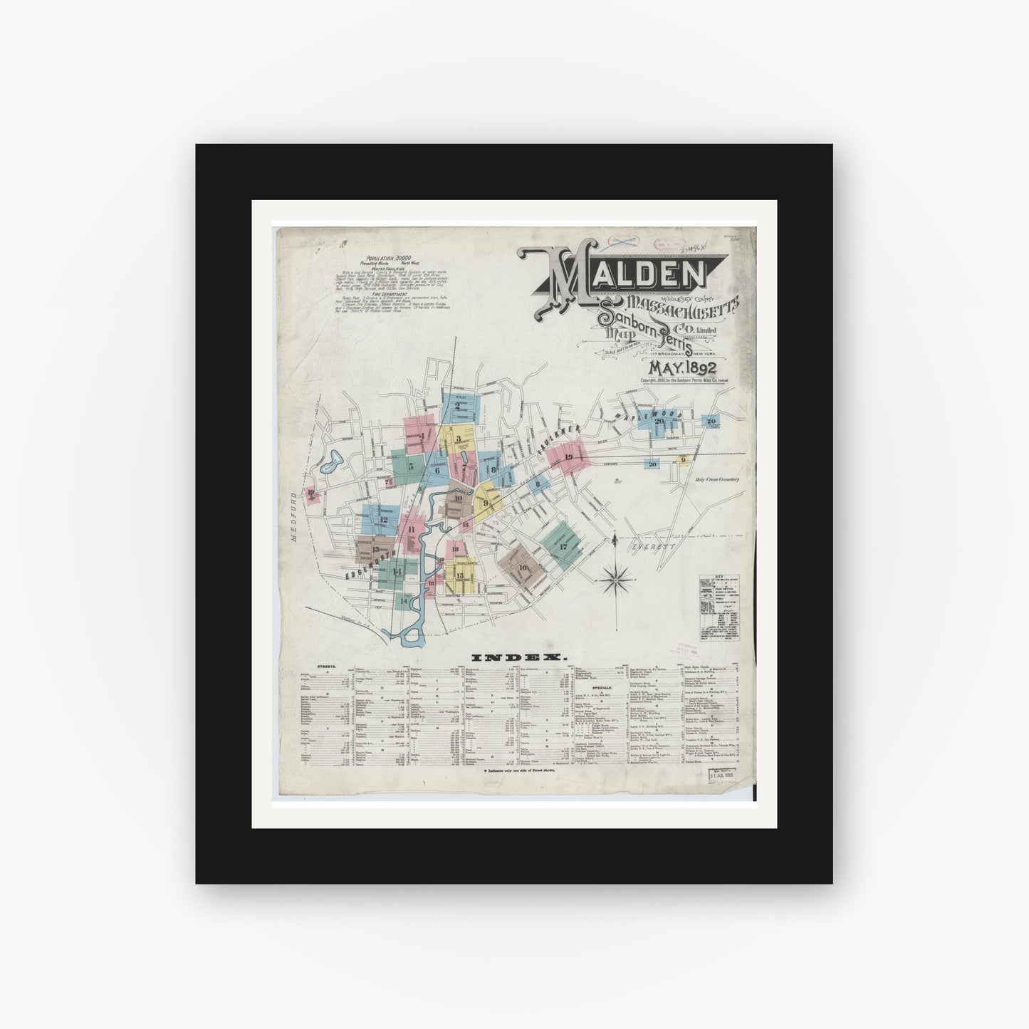 Old map wall art mockup — black gallery frame with white mat — Sanborn Fire Insurance Map from Malden, Middlesex County, Massachusetts (1892) - Complete Map Set