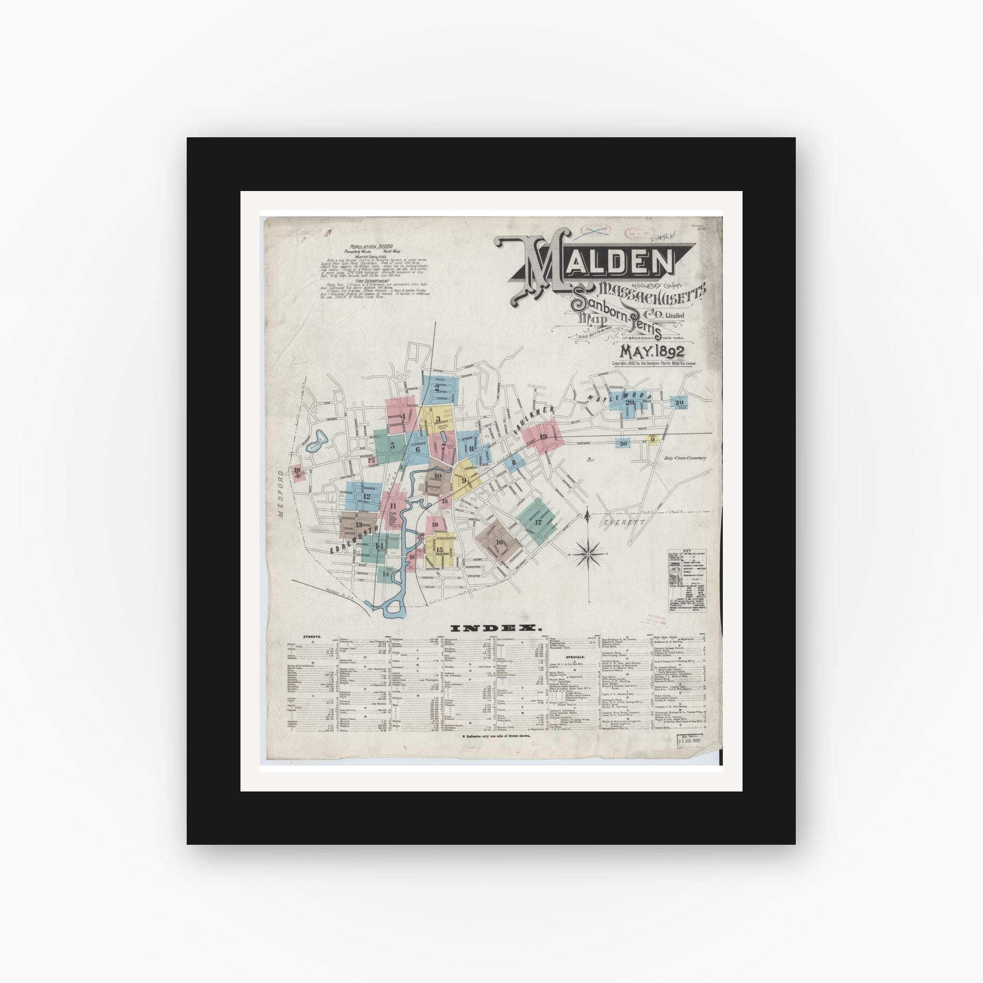 Old map wall art mockup — black gallery frame with white mat — Sanborn Fire Insurance Map from Malden, Middlesex County, Massachusetts (1892) - Complete Map Set