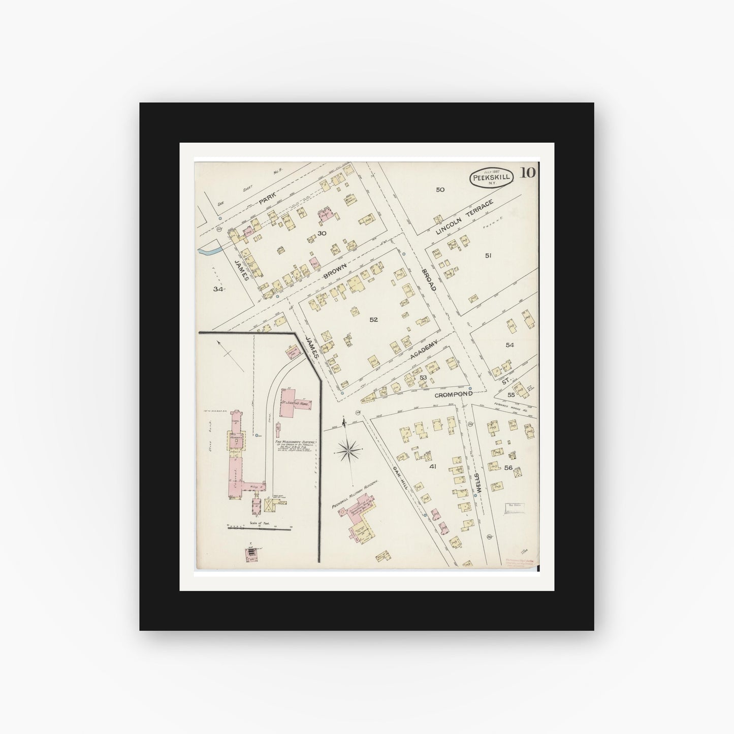 Old map wall art mockup — black gallery frame with white mat — Sanborn Fire Insurance Map from Peekskill, Westchester County, New York (1887), Sheet #0010