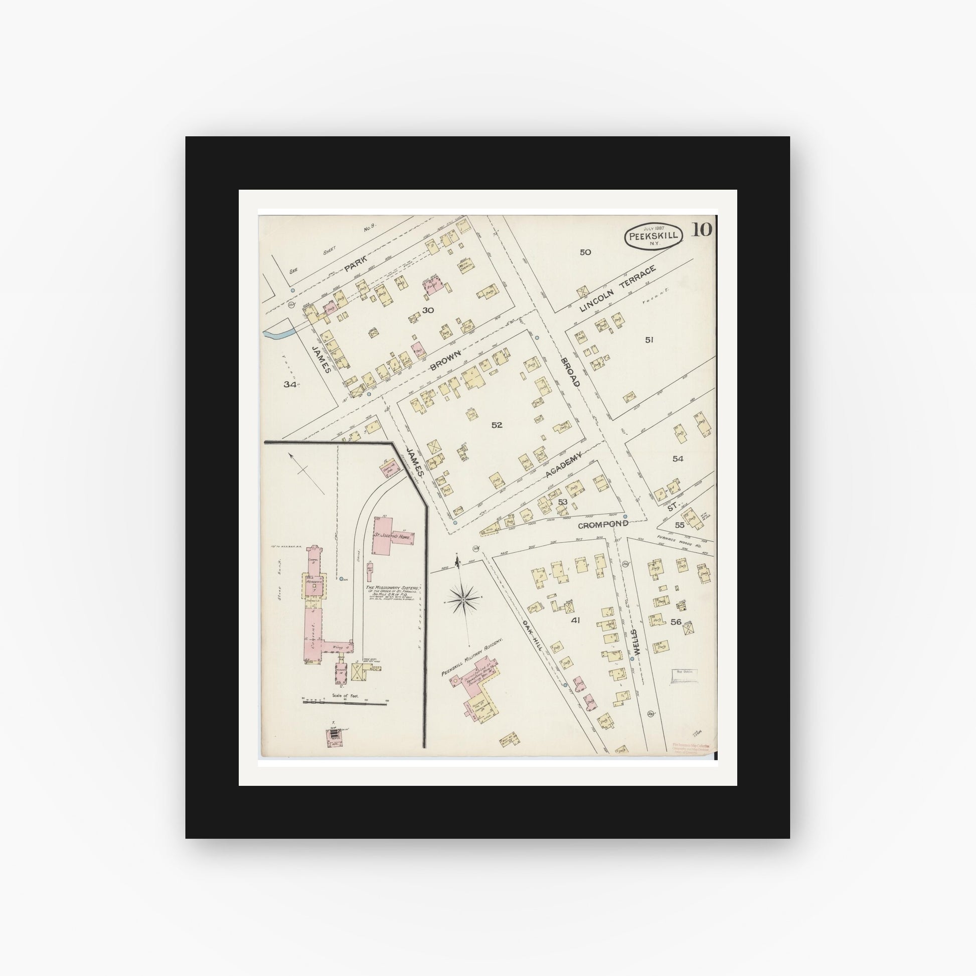 Old map wall art mockup — black gallery frame with white mat — Sanborn Fire Insurance Map from Peekskill, Westchester County, New York (1887), Sheet #0010