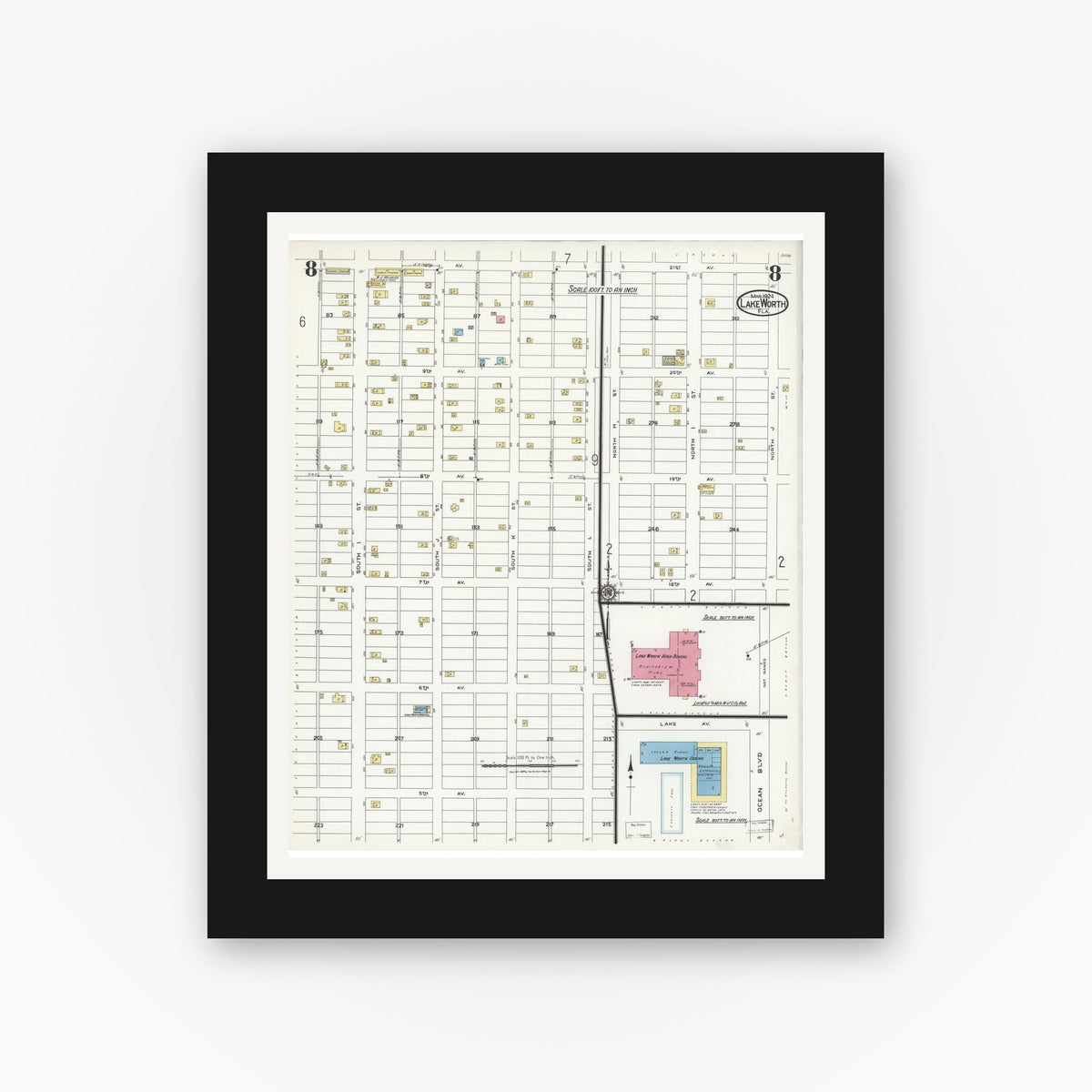 Old map wall art mockup — black gallery frame with white mat — Sanborn Fire Insurance Map from Lake Worth, Palm Beach County, Florida (1924), Sheet #0008