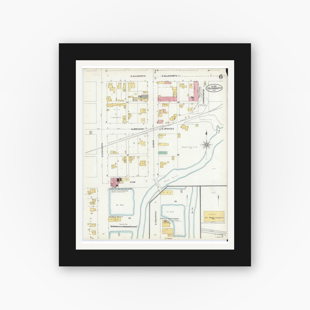 Old map wall art mockup — black gallery frame with white mat — Sanborn Fire Insurance Map from Columbia City, Whitley County, Indiana (1905), Sheet #0006