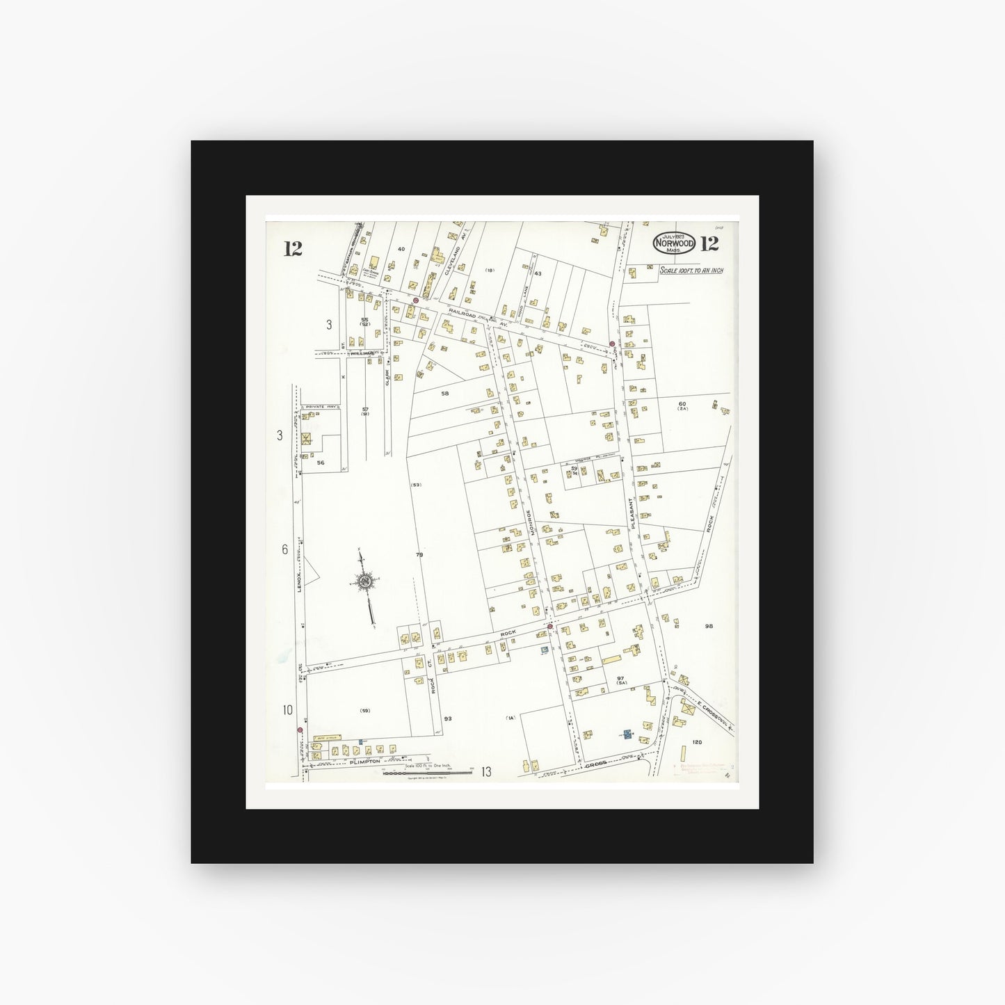 Old map wall art mockup — black gallery frame with white mat — Sanborn Fire Insurance Map from Norwood, Norfolk County, Massachusetts (1923), Sheet #0012