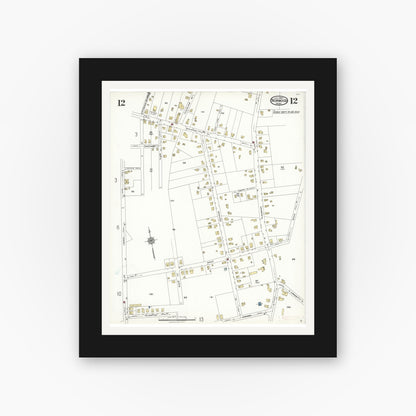 Old map wall art mockup — black gallery frame with white mat — Sanborn Fire Insurance Map from Norwood, Norfolk County, Massachusetts (1923), Sheet #0012