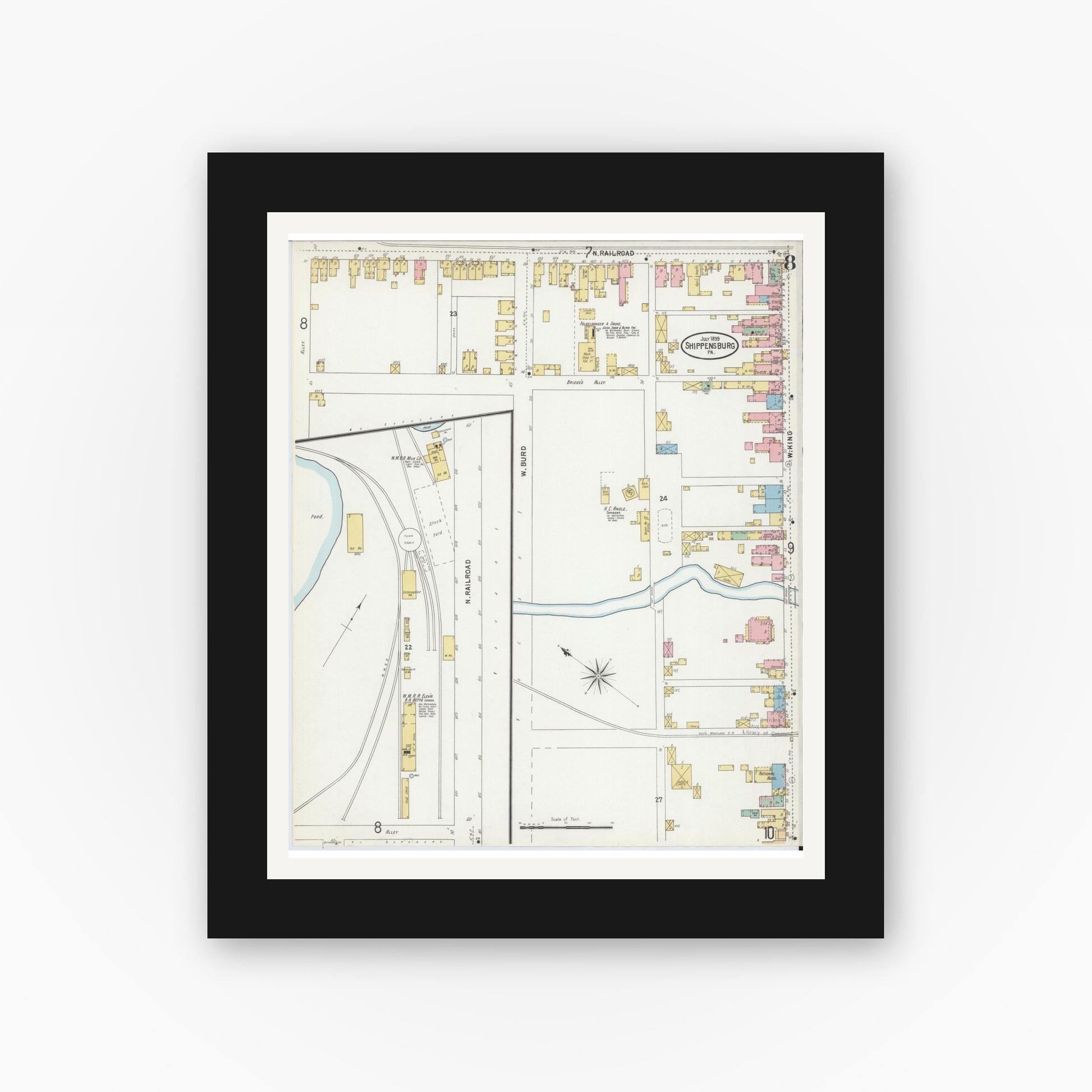 Old map wall art mockup — black gallery frame with white mat — Sanborn Fire Insurance Map from Shippensburg, Cumberland And Franklin Counties, Pennsylvania (1899), Sheet #0008