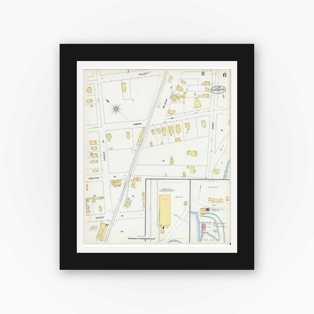 Old map wall art mockup — black gallery frame with white mat — Sanborn Fire Insurance Map from Riverhead, Suffolk County, New York (1902), Sheet #0006