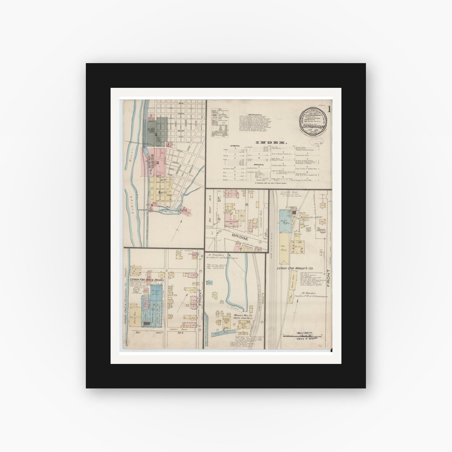Old map wall art mockup — black gallery frame with white mat — Sanborn Fire Insurance Map from Catasauqua, Lehigh County, Pennsylvania (1885), Sheet #0001