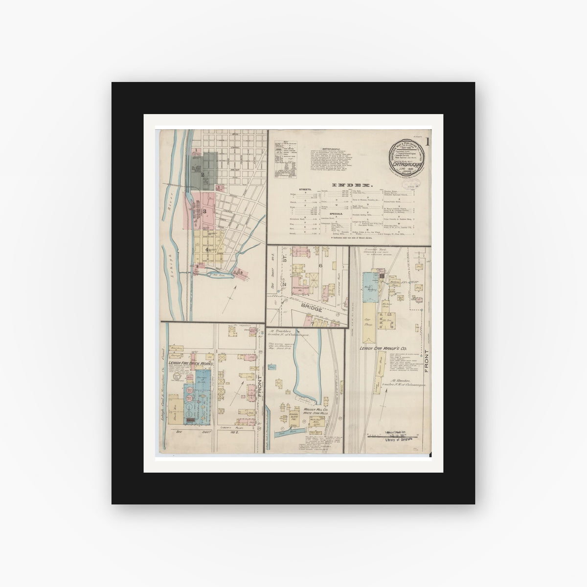 Old map wall art mockup — black gallery frame with white mat — Sanborn Fire Insurance Map from Catasauqua, Lehigh County, Pennsylvania (1885), Sheet #0001